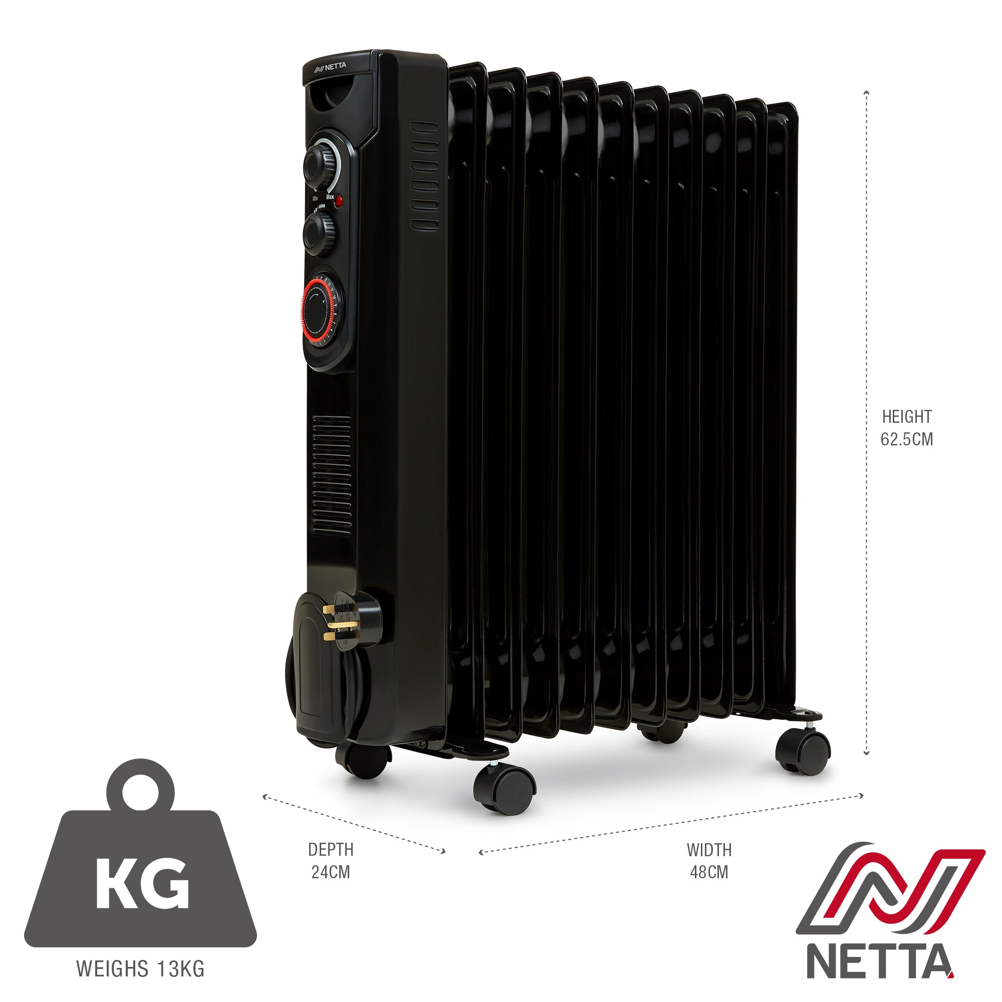 NETTA Oil Filled Radiator 2500W Portable Electric Heater with Thermostat & 24 Hour Timer ?€? 11 Fin, Black