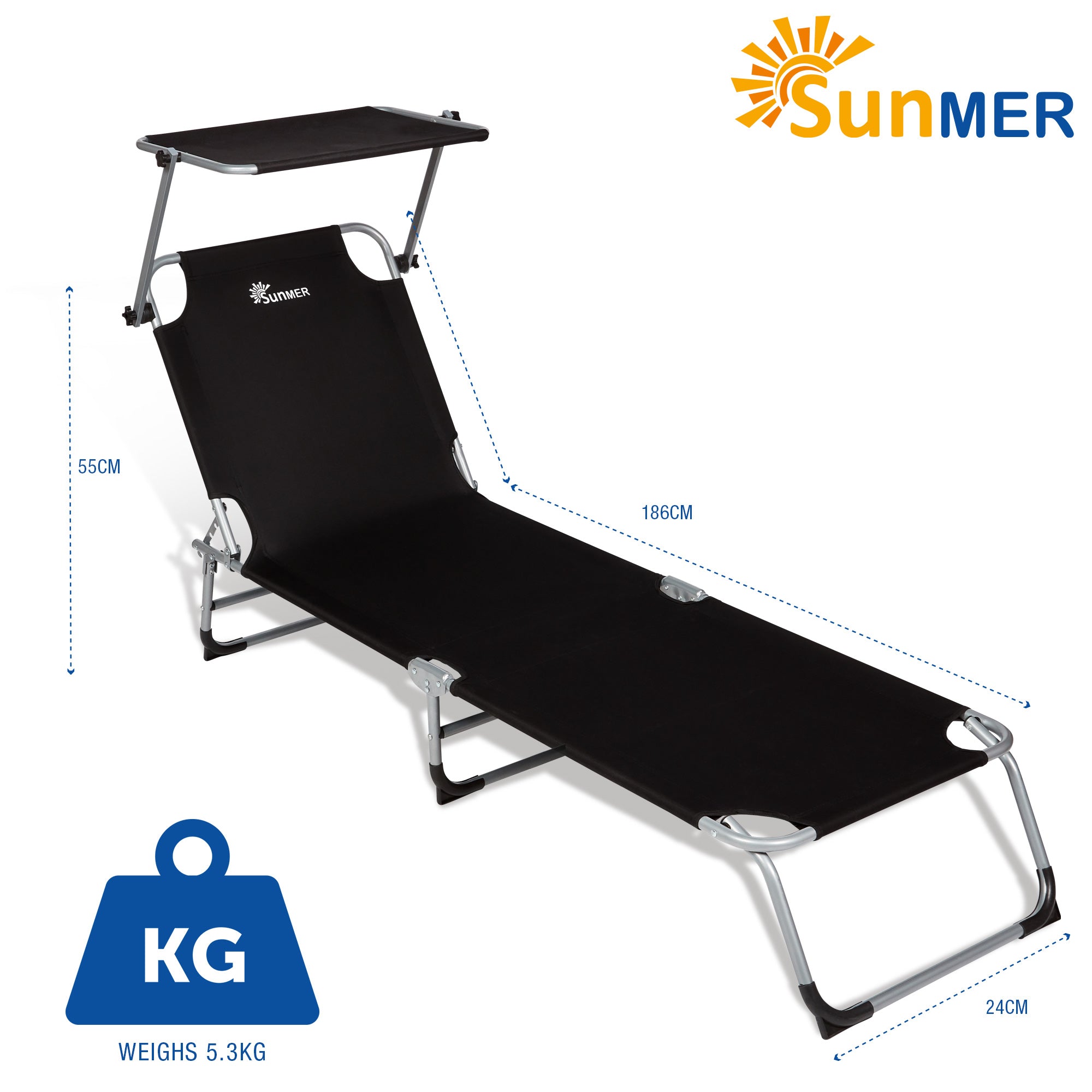 SUNMER Set of 2 Sun Loungers with Adjustable Backrest and Canopy - Black