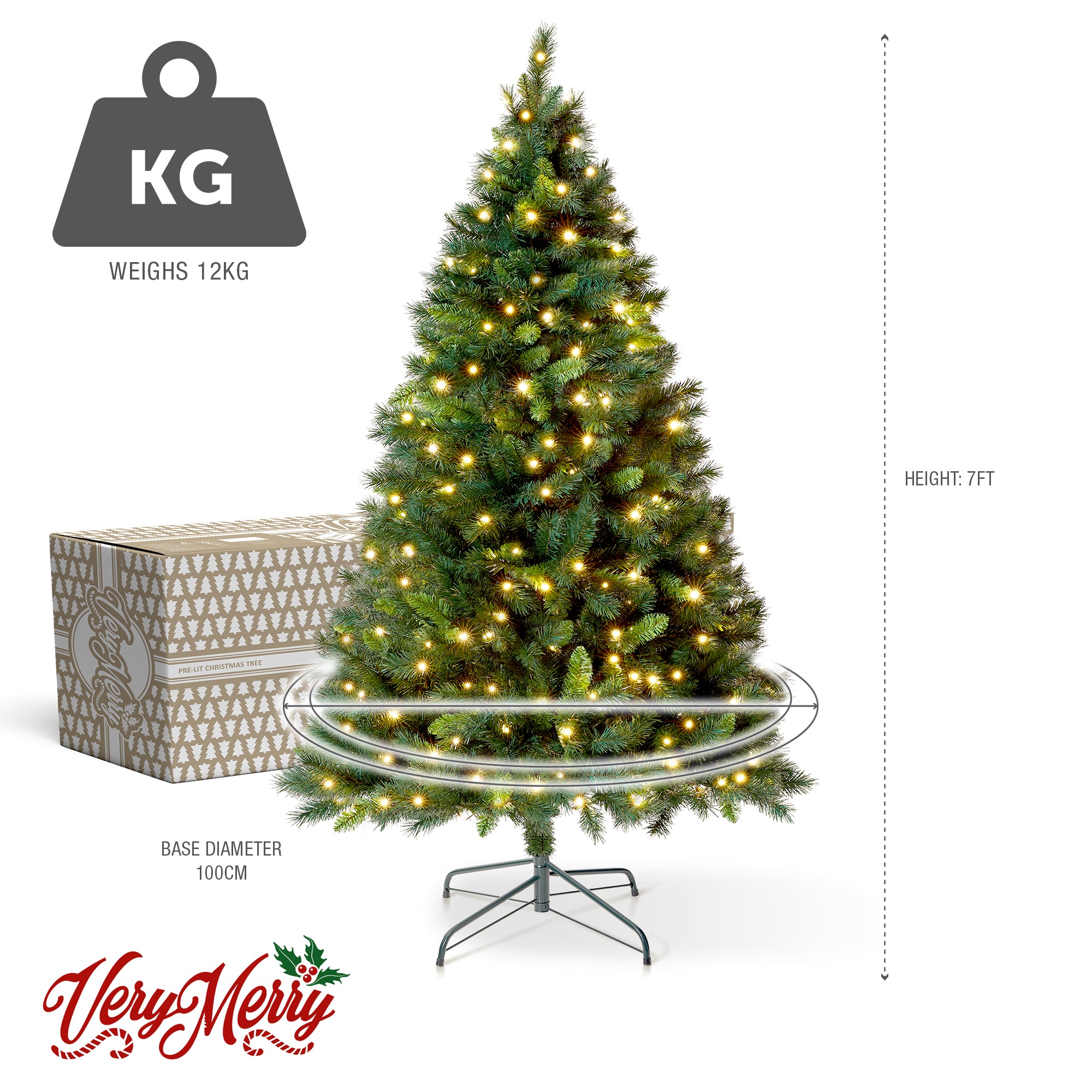 VeryMerry 7FT 'Snowhill' Pre Lit Christmas Tree with 400 Built-In Warm White LED Lights with Auto-Off Timer, 8 Lighting Modes and Foldable Metal Stand