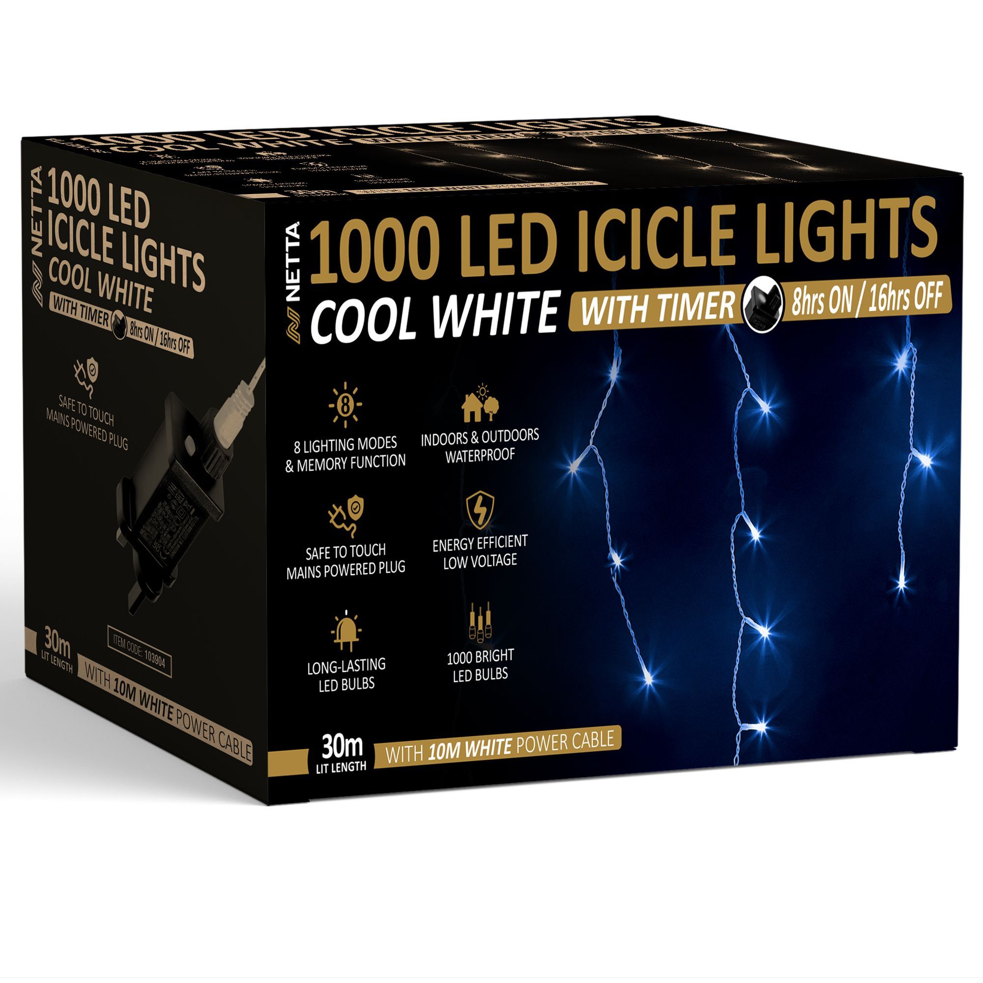 NETTA 1000 LED Icicle Lights 30M Outdoor - Cool White, with White Cable