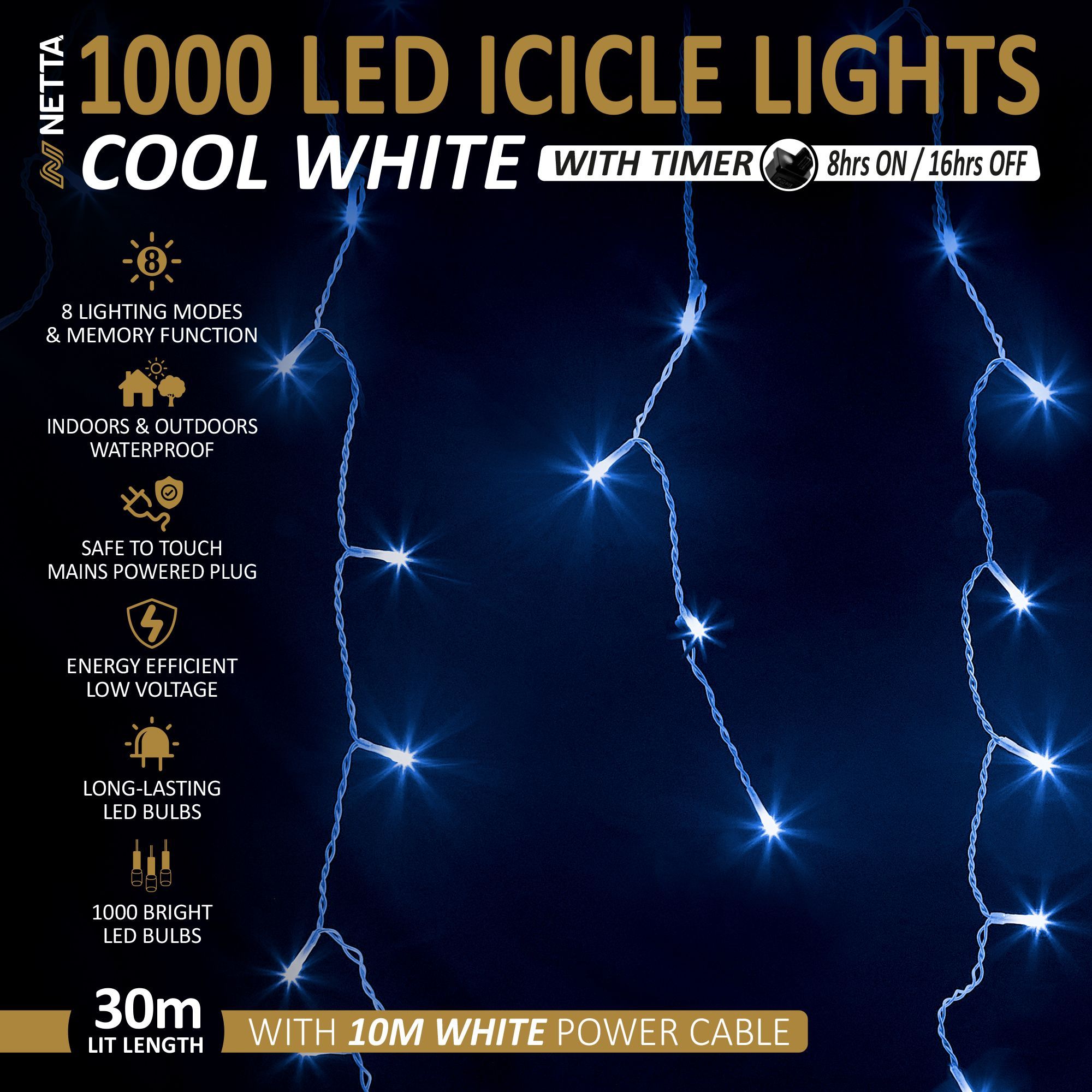 NETTA 1000 LED Icicle Lights 30M Outdoor - Cool White, with White Cable