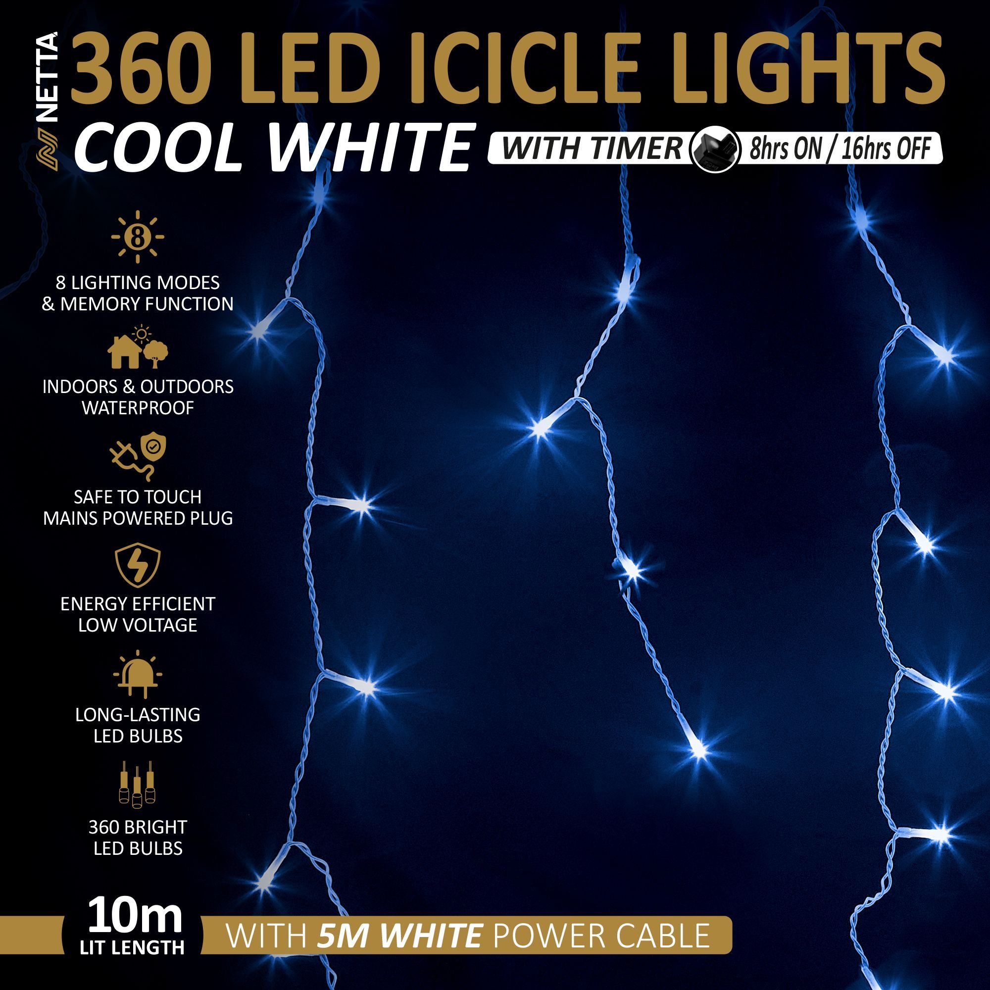 NETTA Icicle Lights 360 LED Outdoor Christmas Lights 10M Lit Length, Timer - Cool White, with White Cable