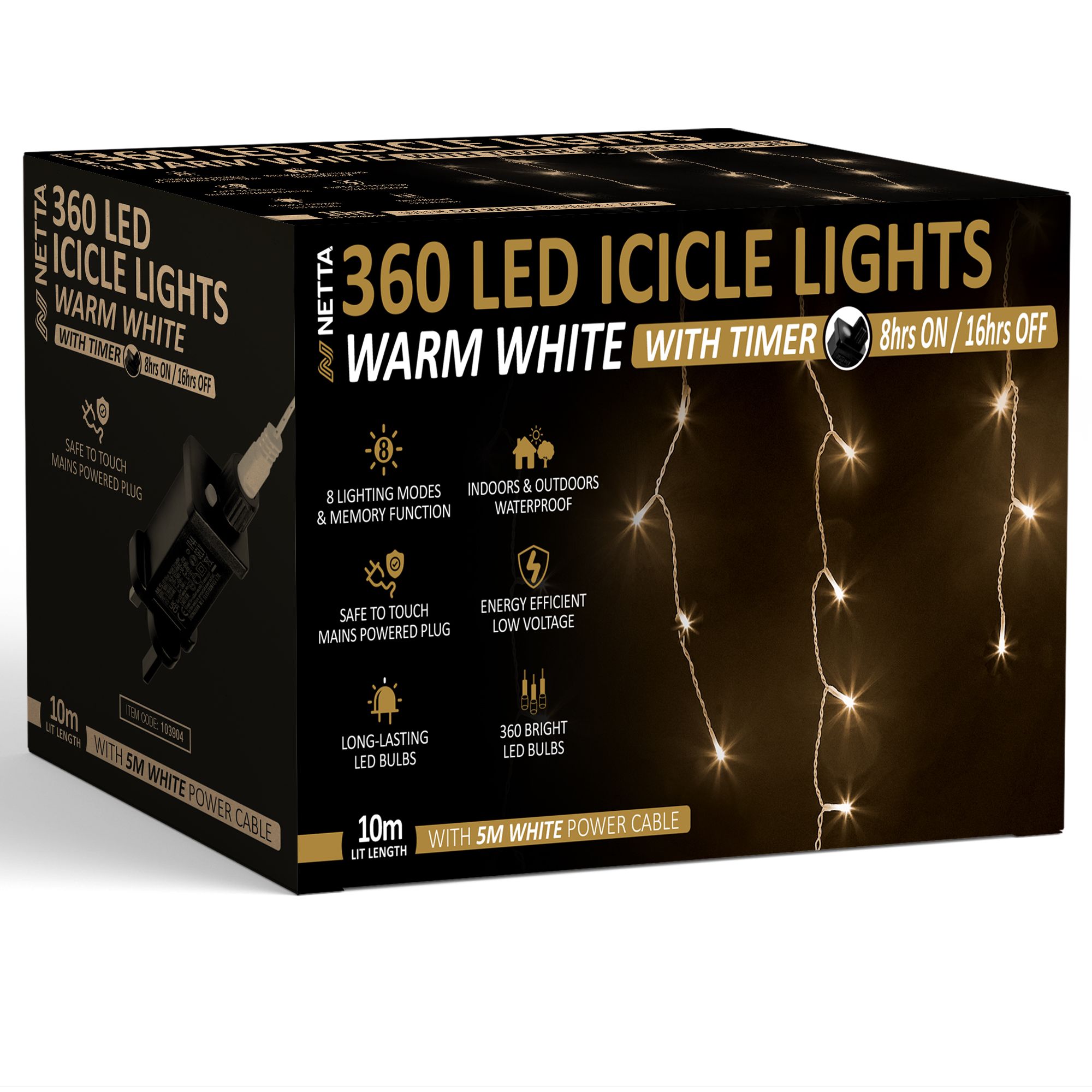 NETTA 360 LED Icicle Lights Outdoor Christmas Lights 10M Lit Length, Timer - Warm White, with White Cable