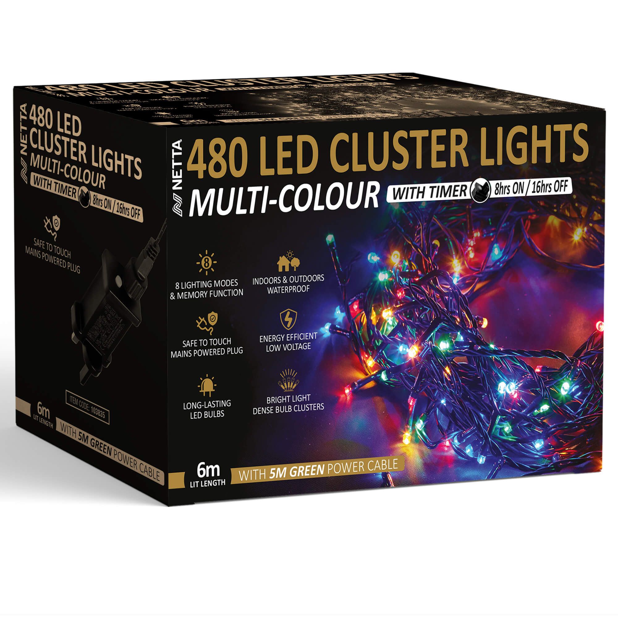 NETTA 480 LED 6M Cluster String Lights Outdoor and Indoor Plug In - Multi Colour