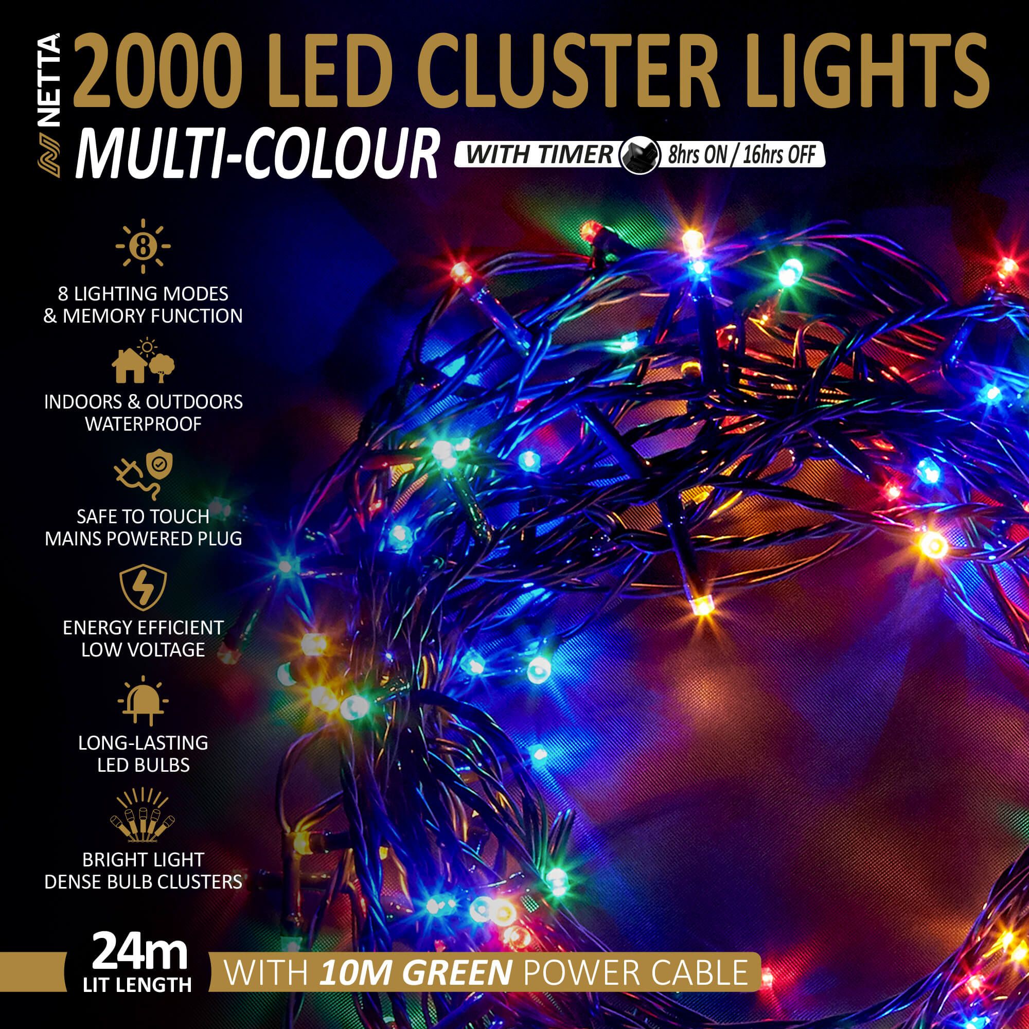 NETTA 2000 LED 24M Cluster String Lights Outdoor and Indoor Plug In - Multi Colour