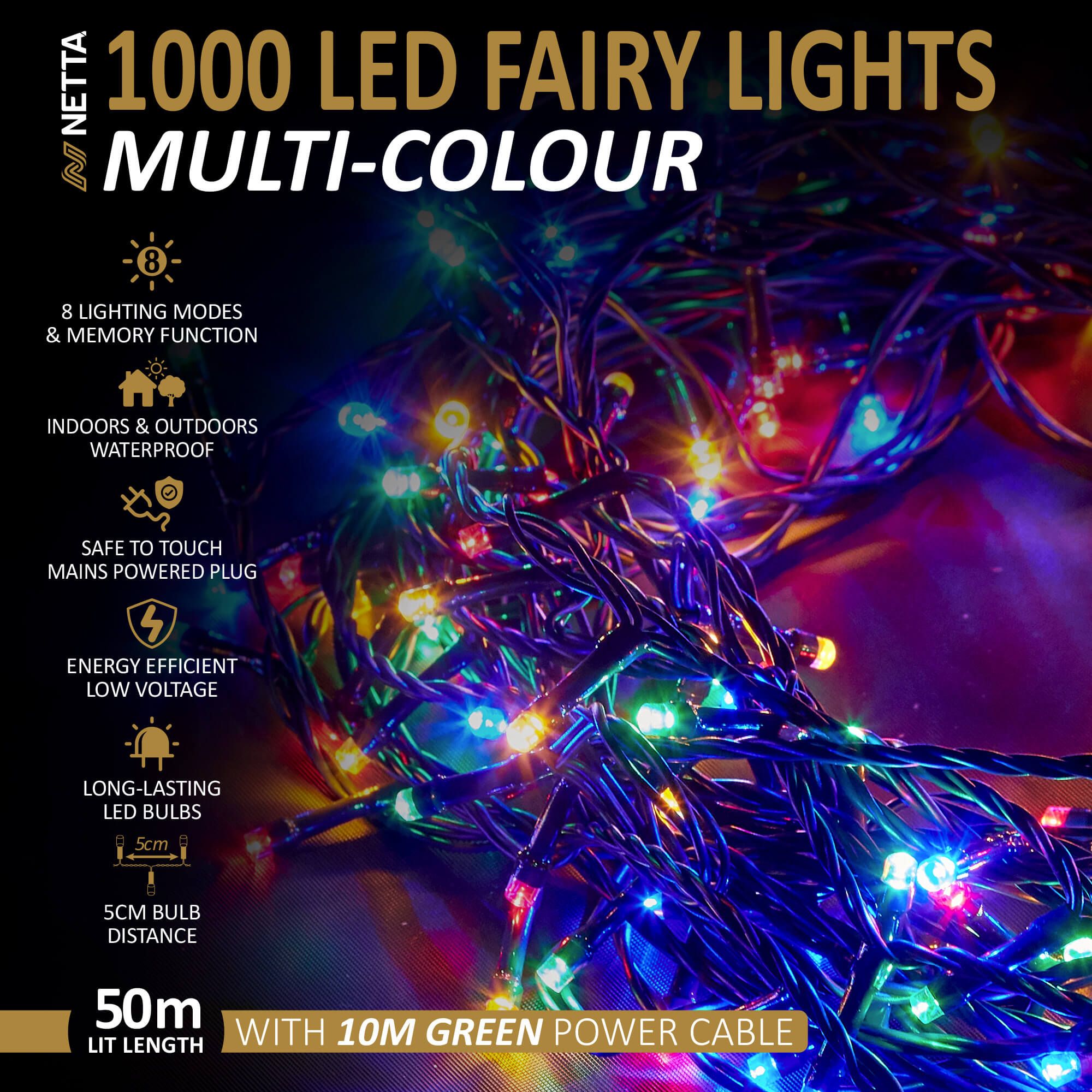 NETTA 1000 LED Fairy Lights 50M Christmas Tree Lights Green Cable - Multi Colour