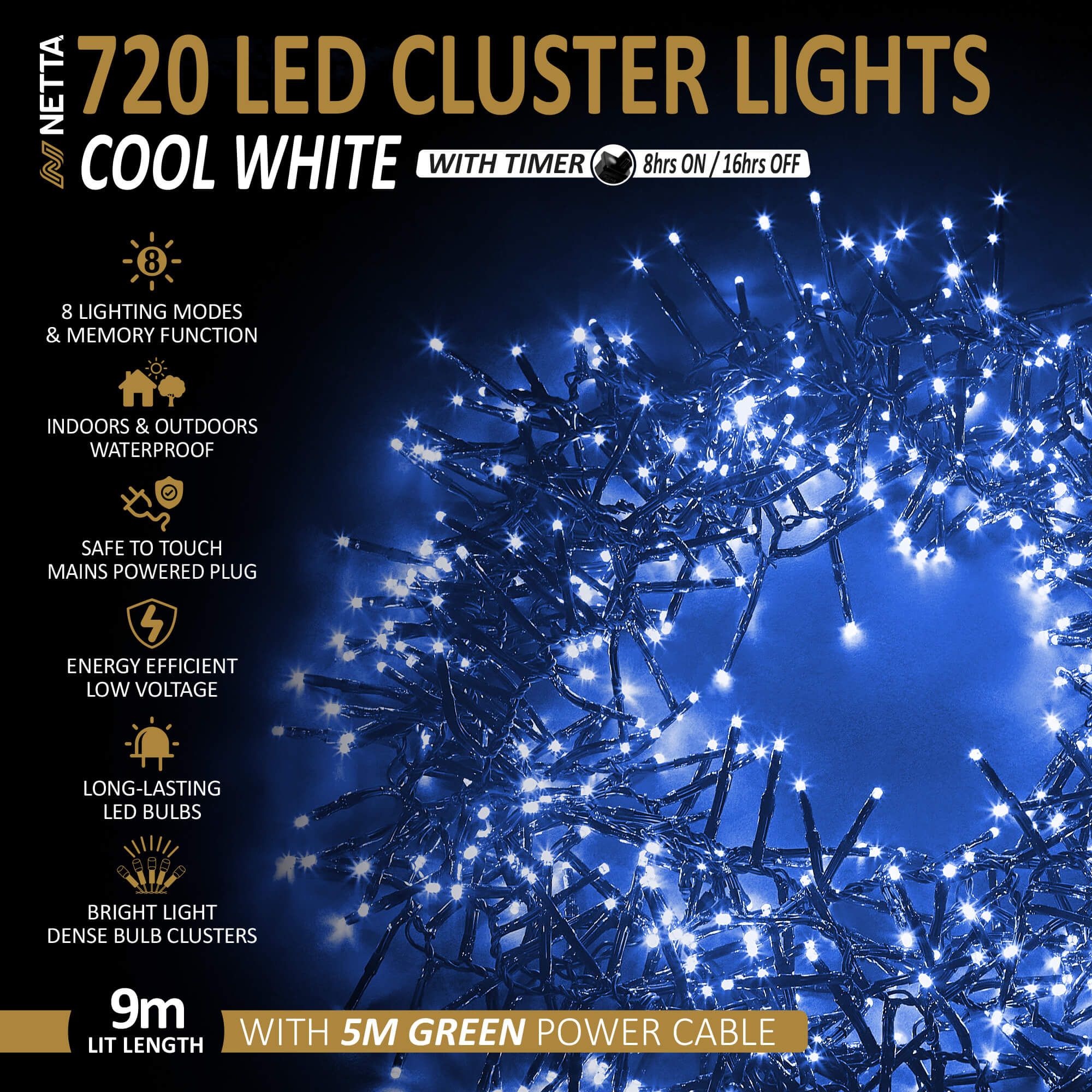 NETTA 720 LED 9M Cluster String Lights Outdoor and Indoor Plug In - Cool White