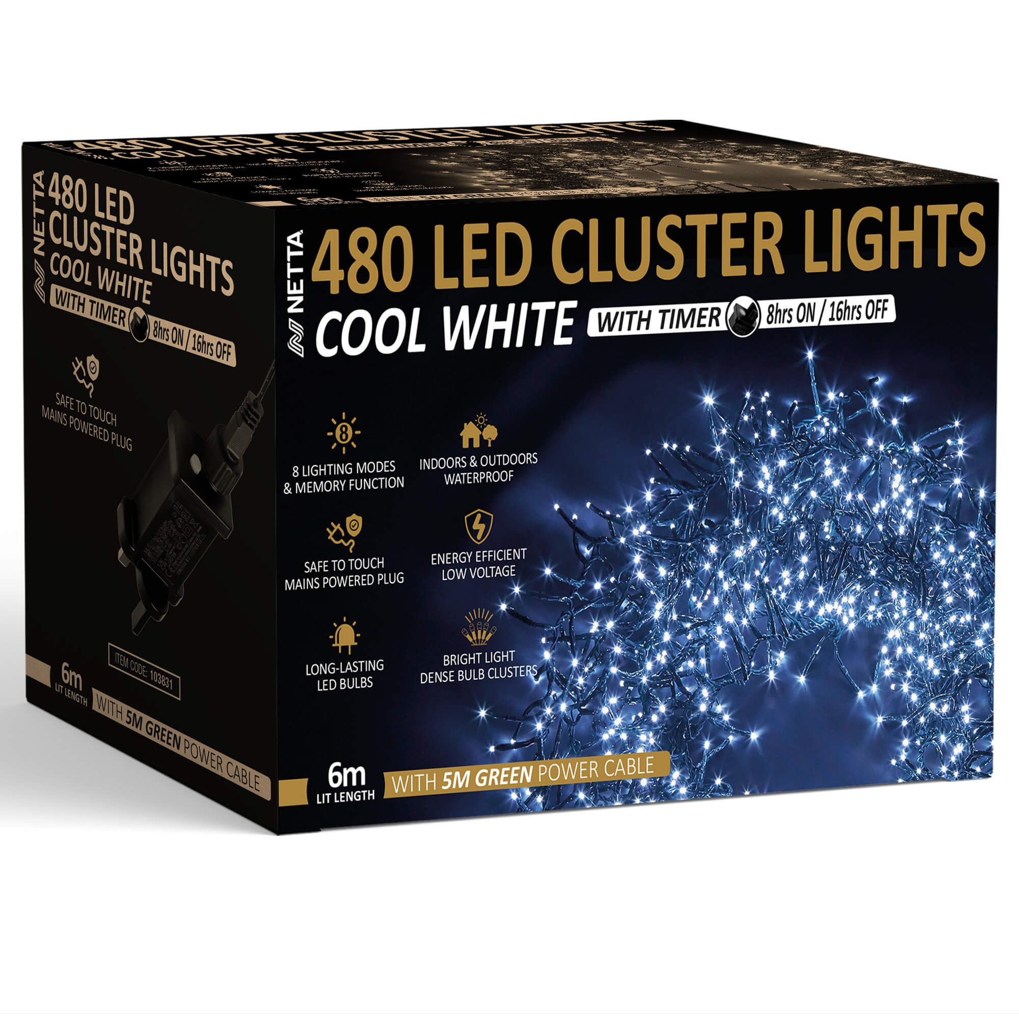 NETTA 480 LED 6M Cluster String Lights Outdoor and Indoor Plug In - Cool White