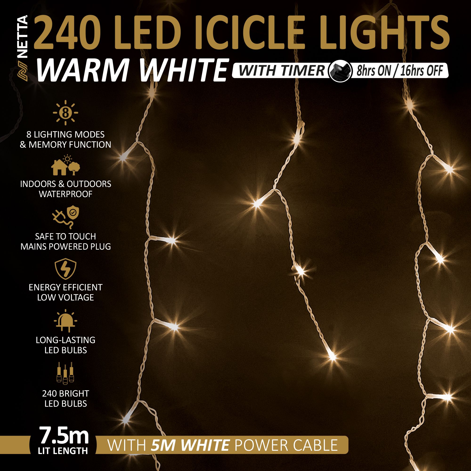 NETTA 240 LED Icicle Lights 7.5M Outdoor Christmas Lights - Warm White, with White Cable