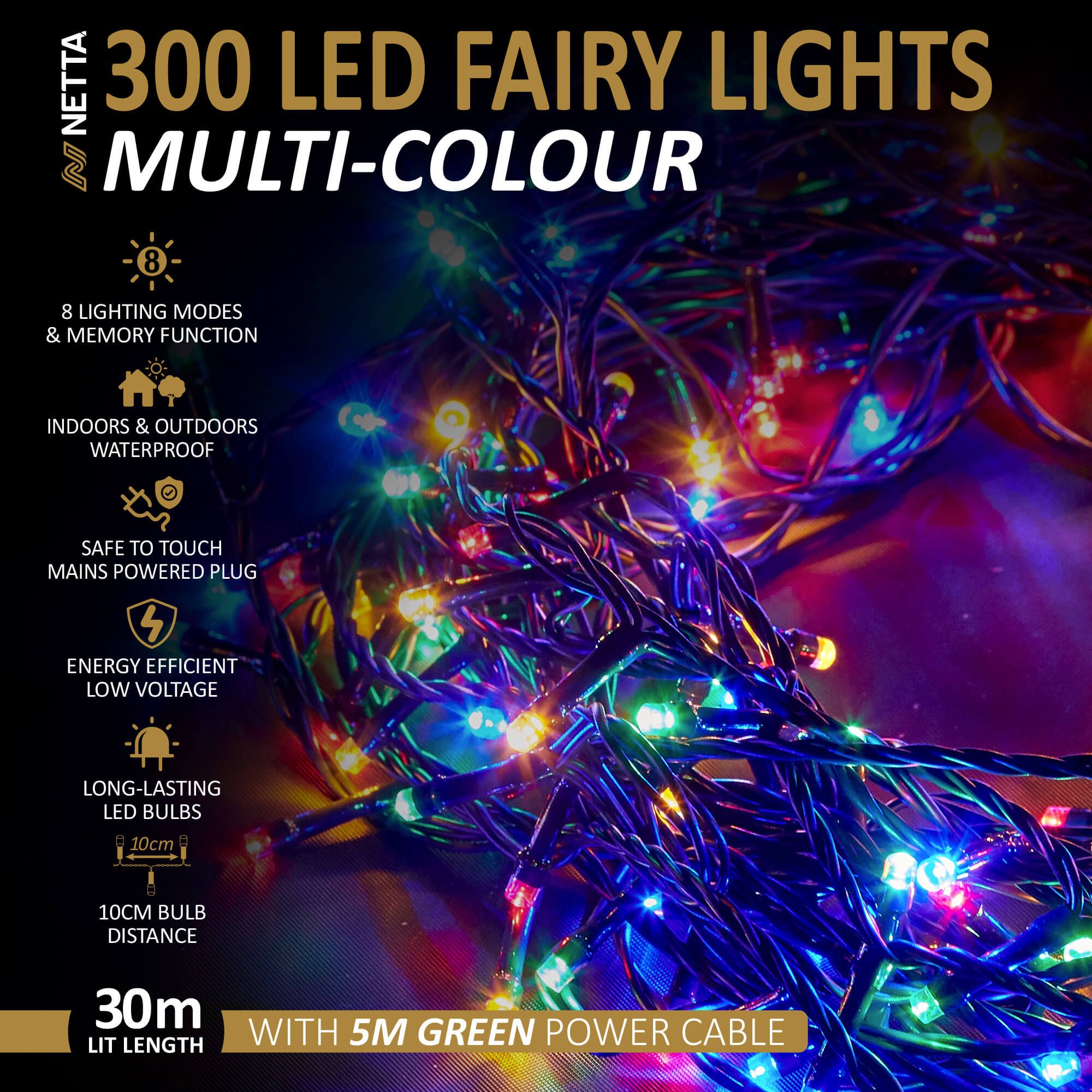 NETTA 300 LED 30M Fairy String Lights Outdoor and Indoor Plug In - Multi Colour