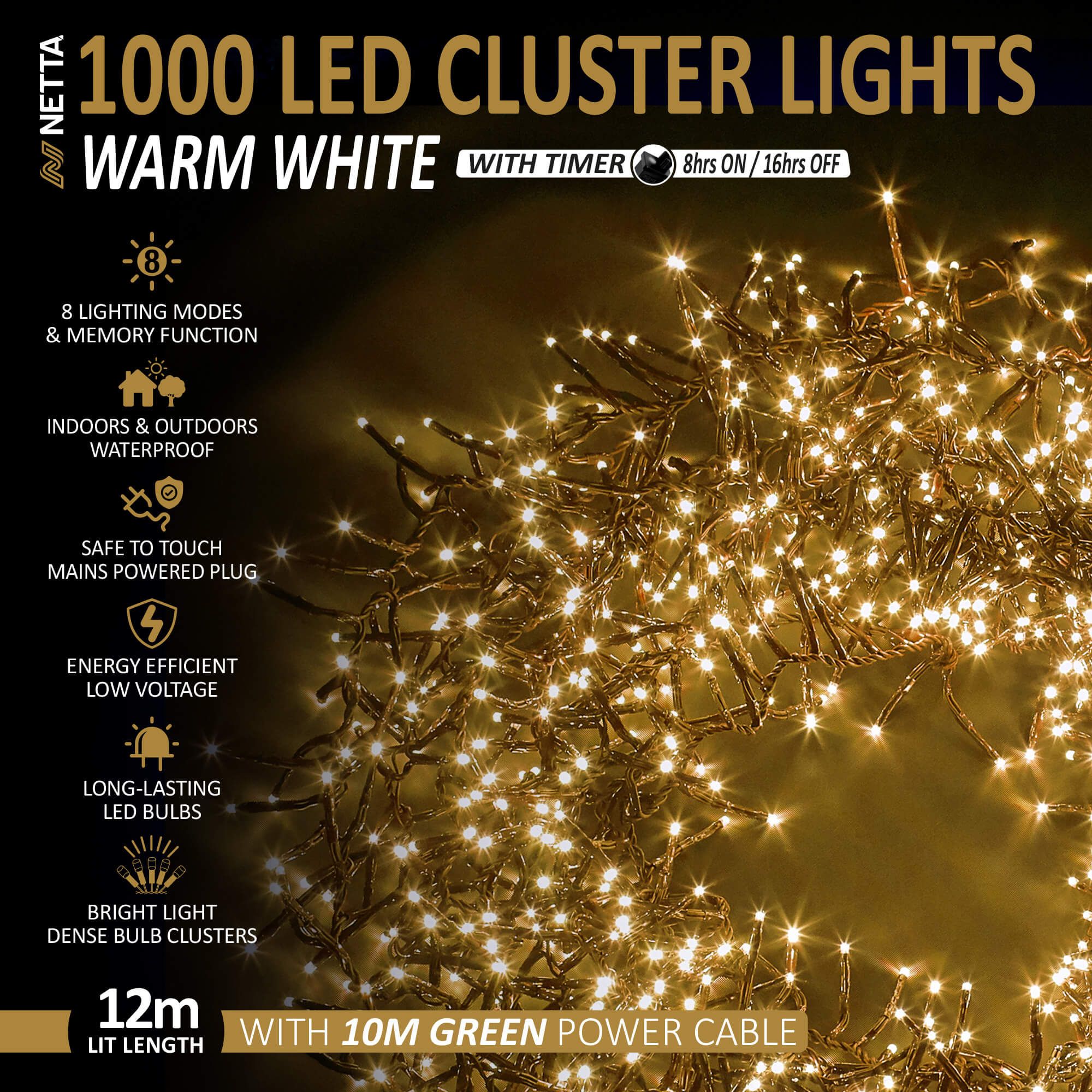 NETTA 1000 LED 12M Cluster String Lights Outdoor and Indoor Plug In - Warm White