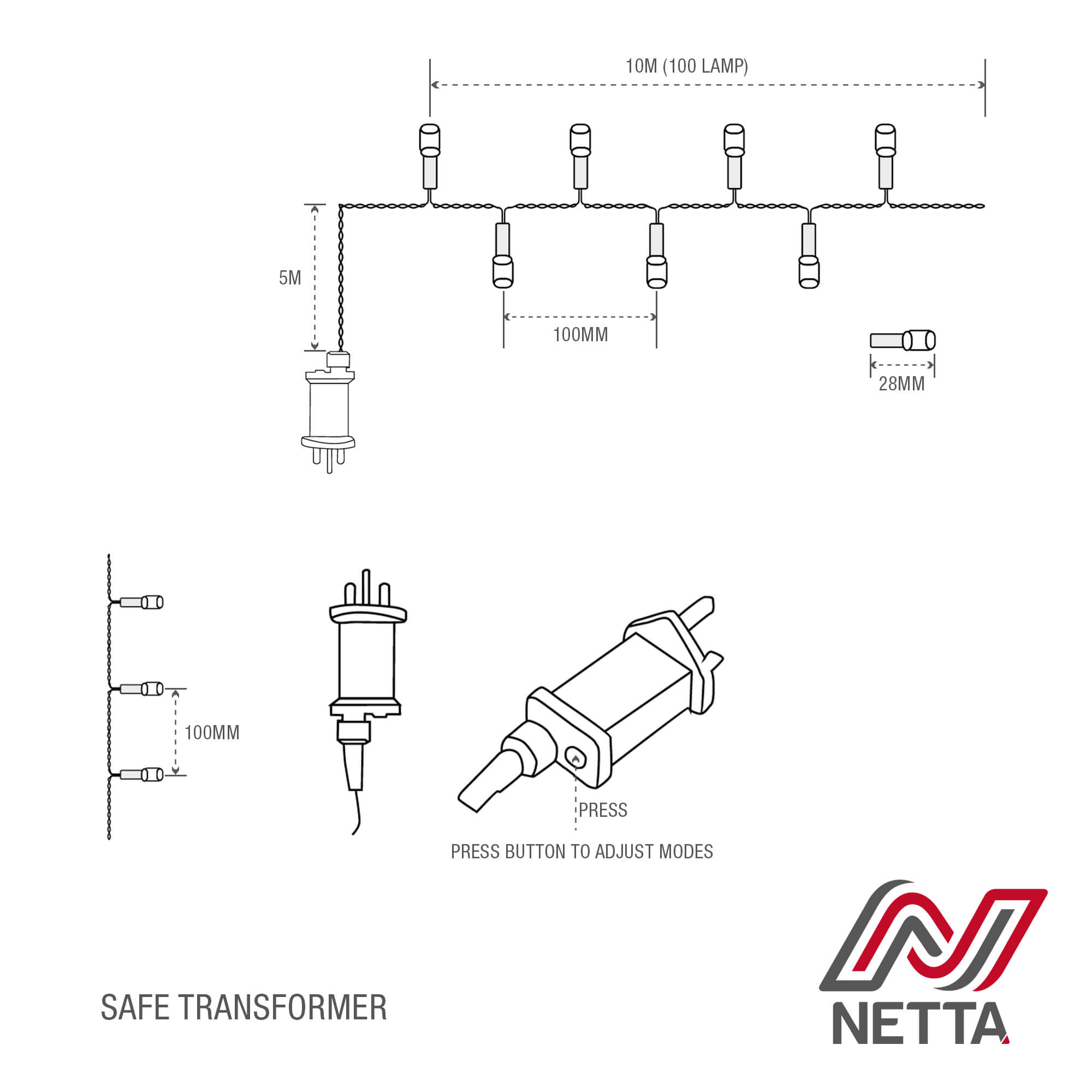 NETTA 100LED Fairy String Lights - Warm White, Clear Cable