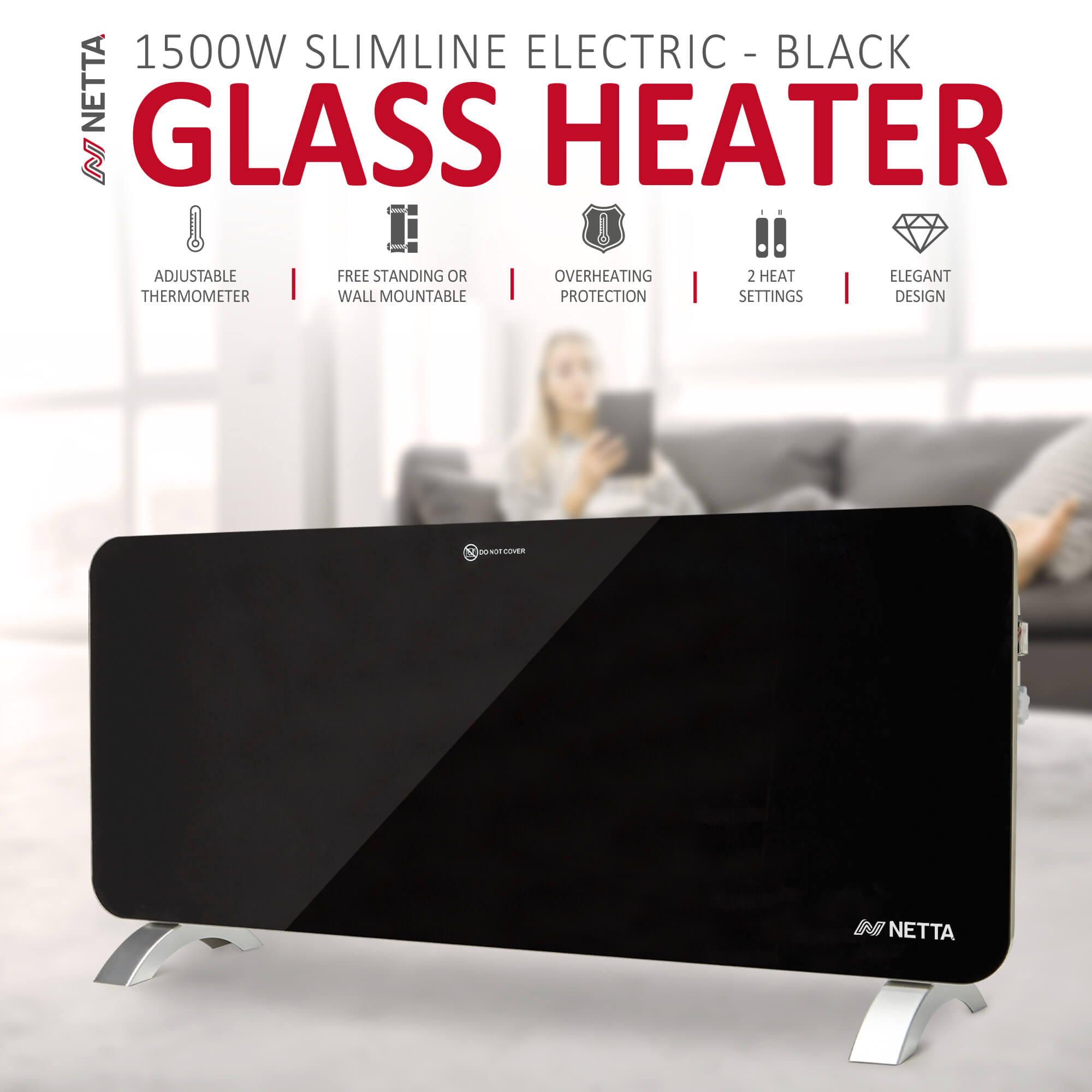 NETTA 1500W Slimline Glass Panel Heater - Black