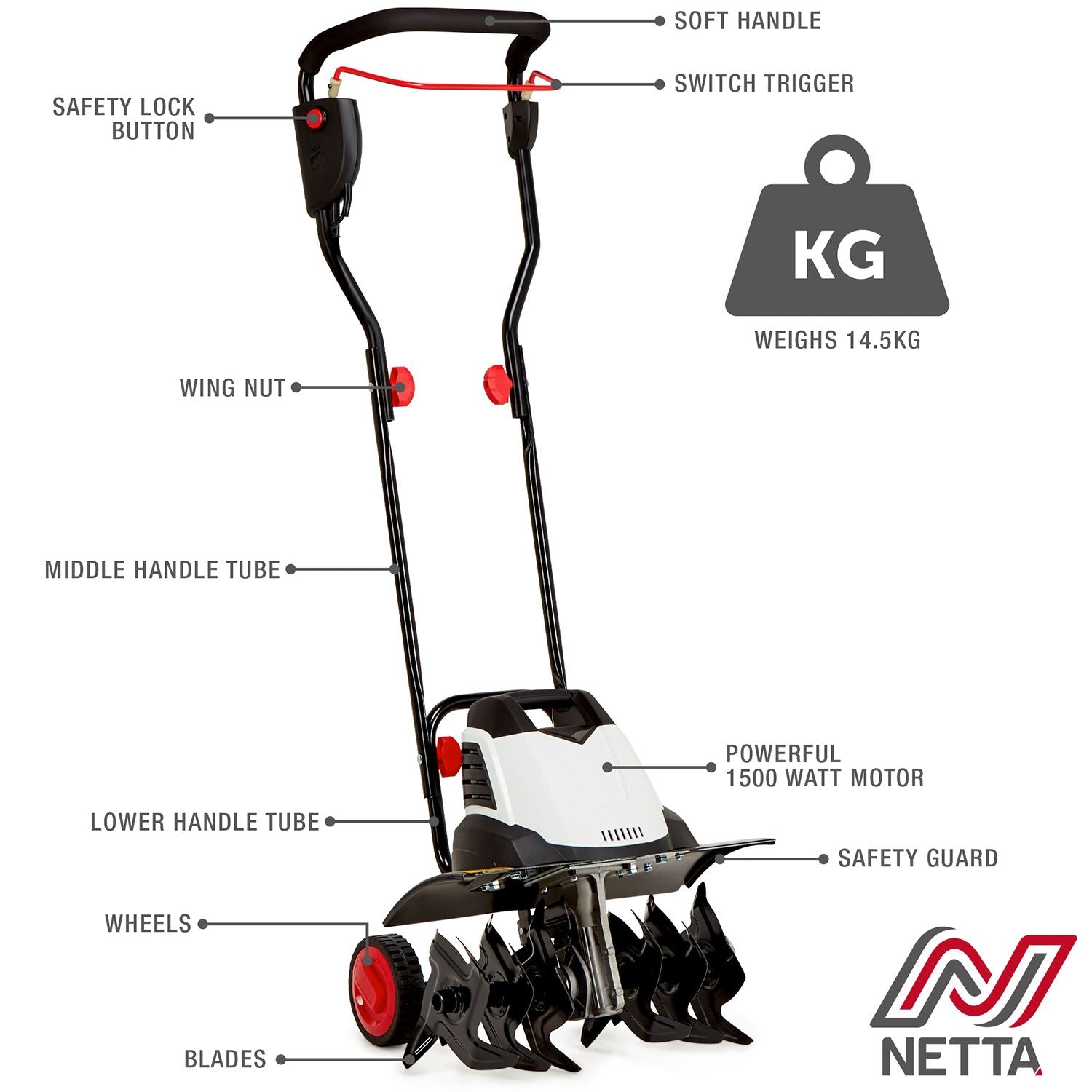 1500W Electric Corded Tiller & Cultivator - 45cm Cutting Width