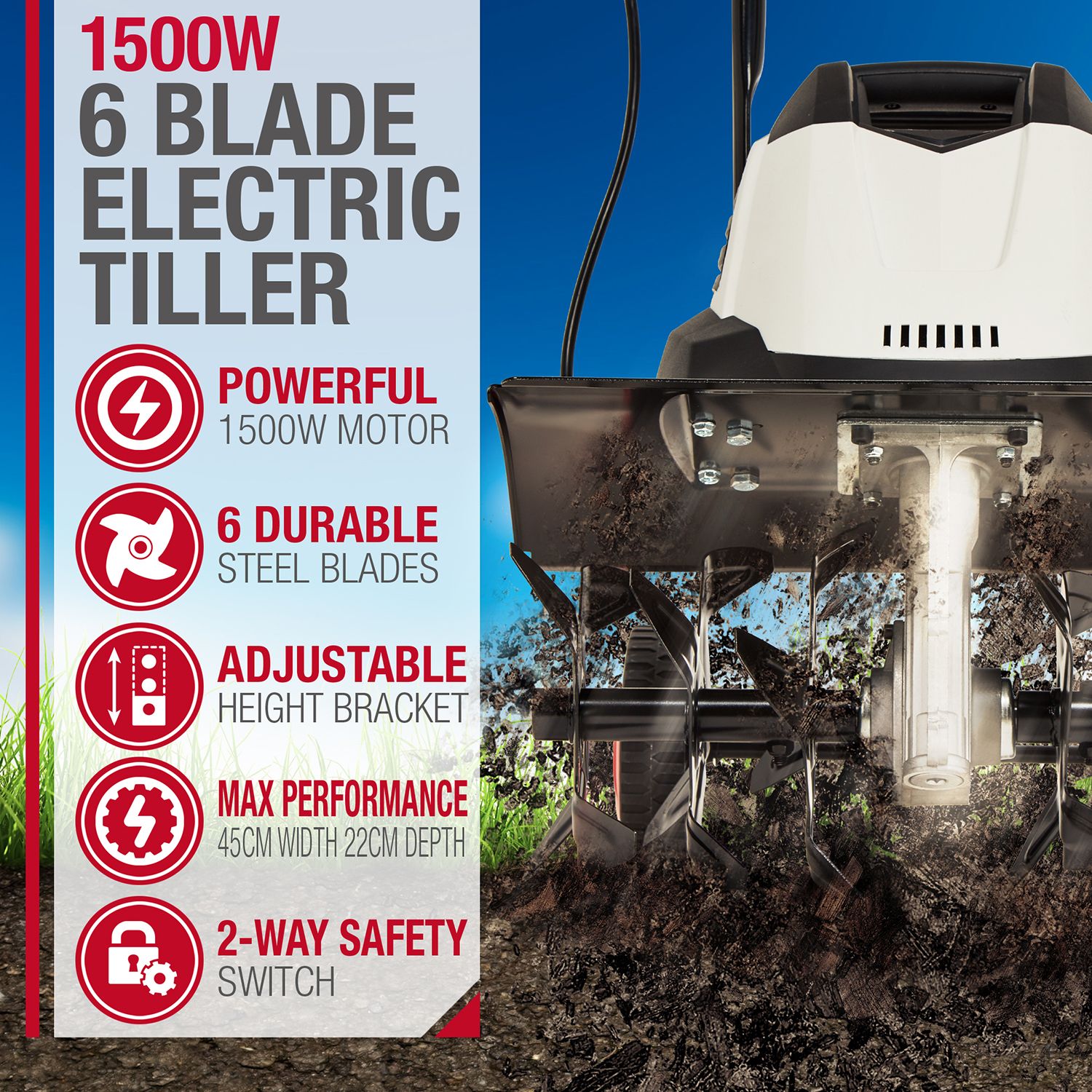 1500W Electric Corded Tiller & Cultivator - 45cm Cutting Width