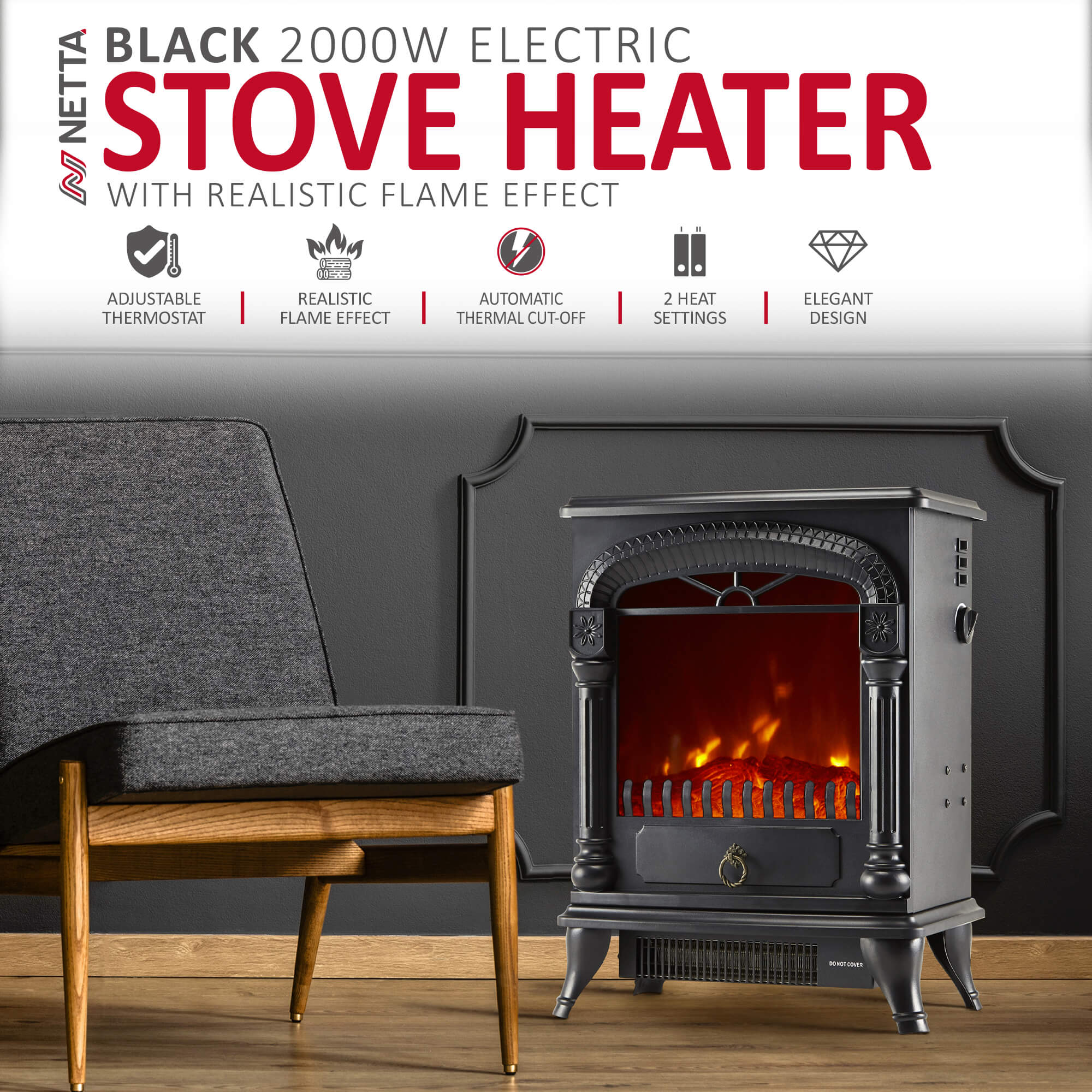 NETTA Electric Stove Heater Fireplace Fire Log Effect 2000W - Black ARCH