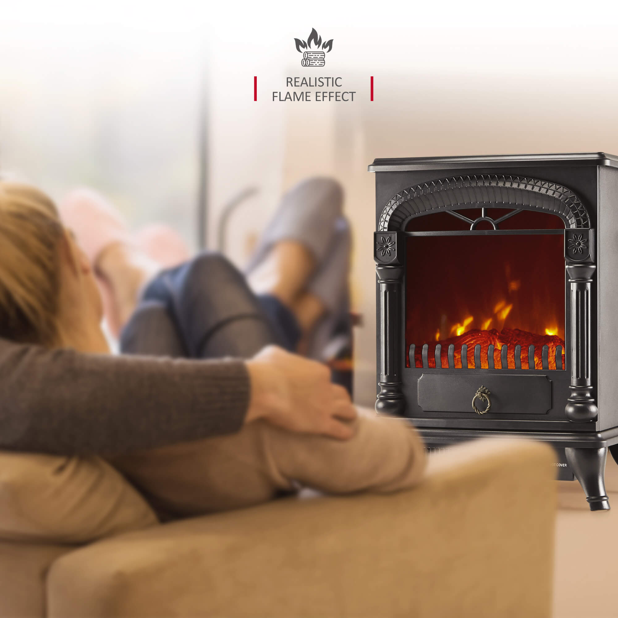 NETTA Electric Stove Heater Fireplace Fire Log Effect 2000W - Black ARCH