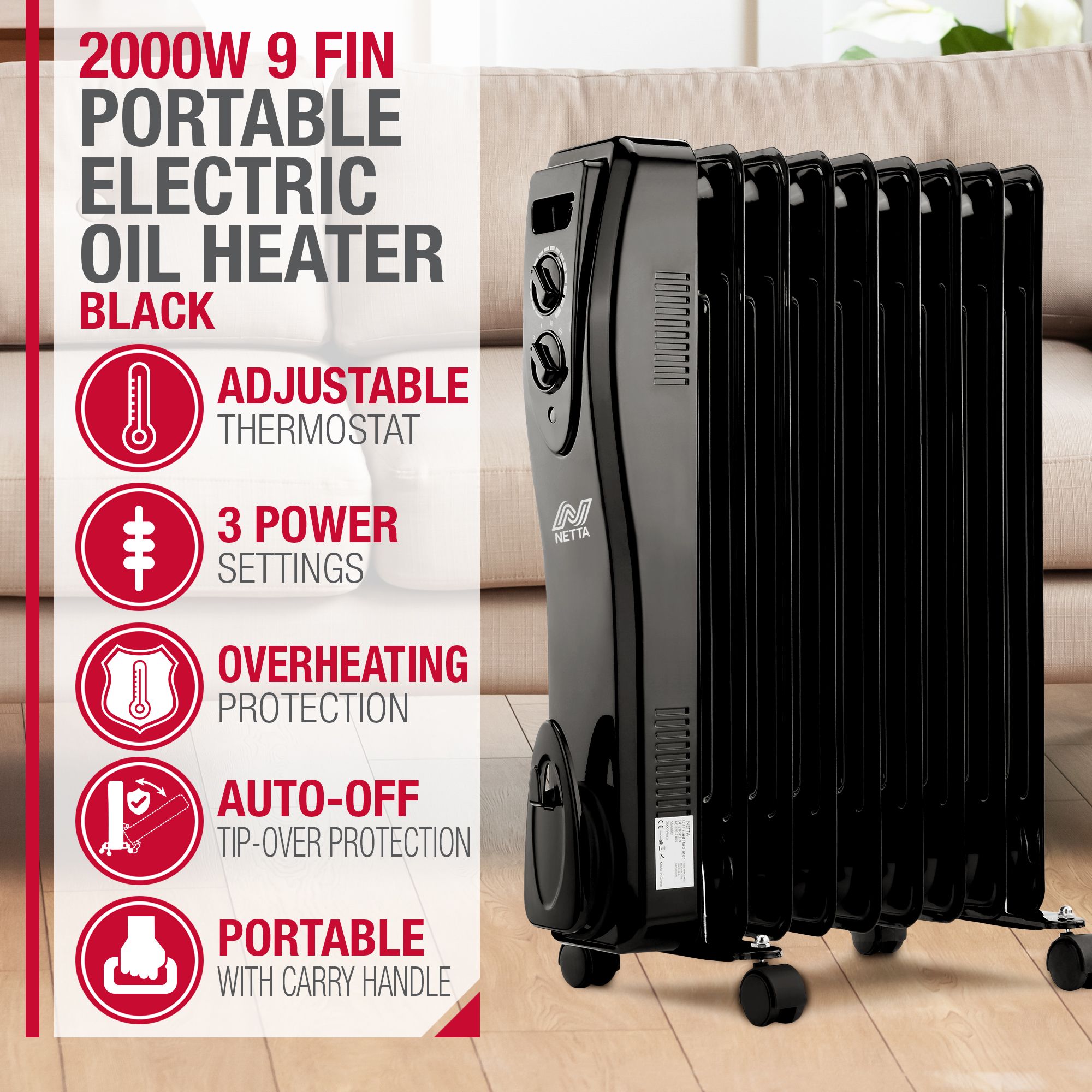 2000W 9 Fin Oil Filled Radiator - Black