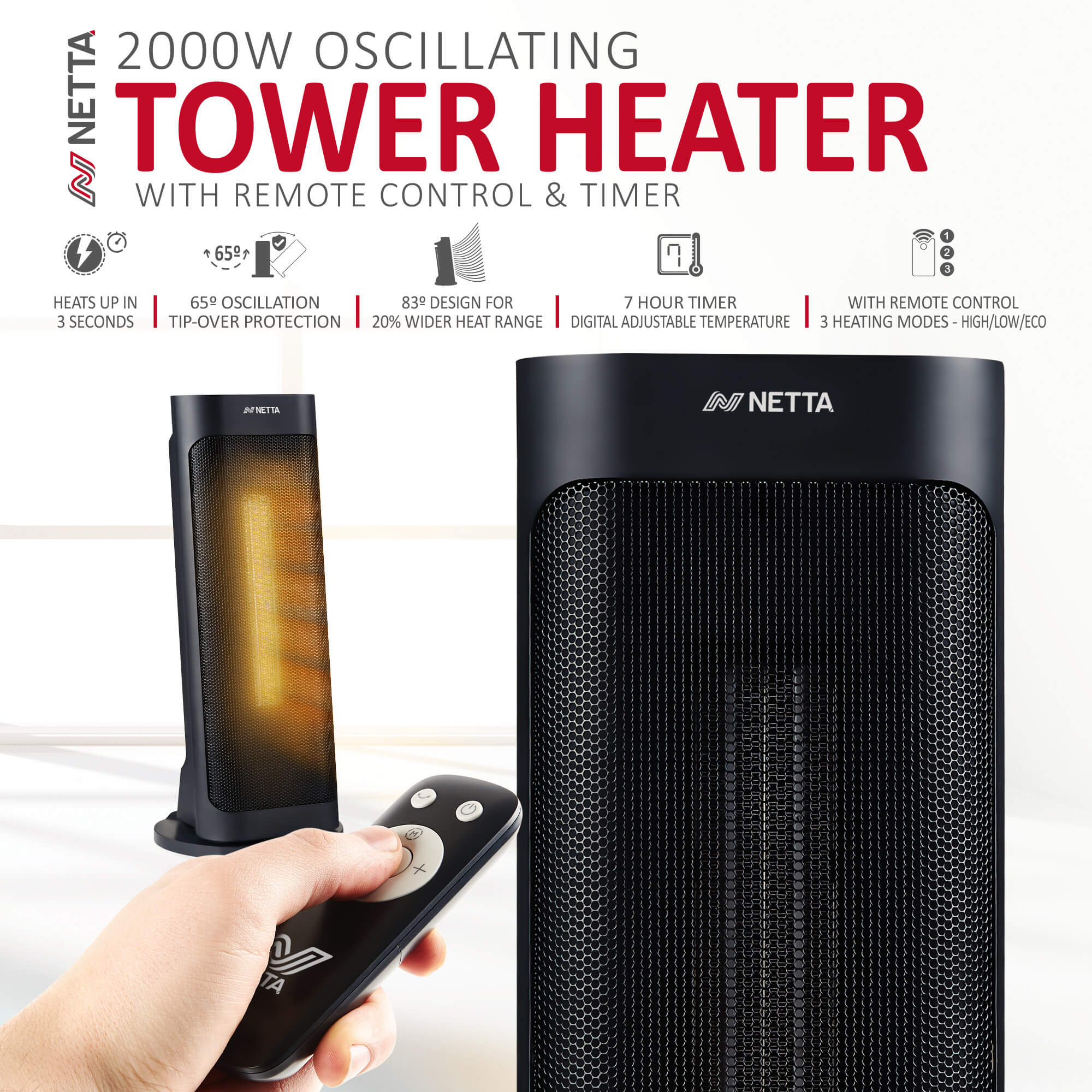 2000W Fast Heating Ceramic Portable Tower Heater with Timer & Remote Control - Black