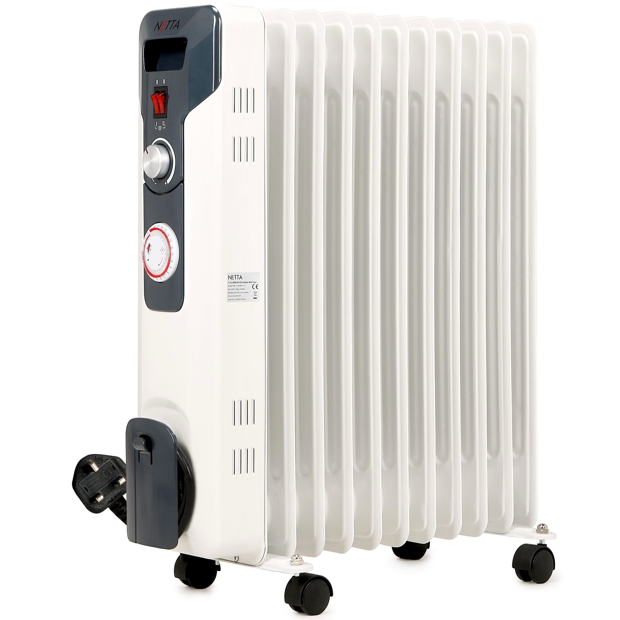 2500W 11 Fin Oil Filled Radiator With Timer - White