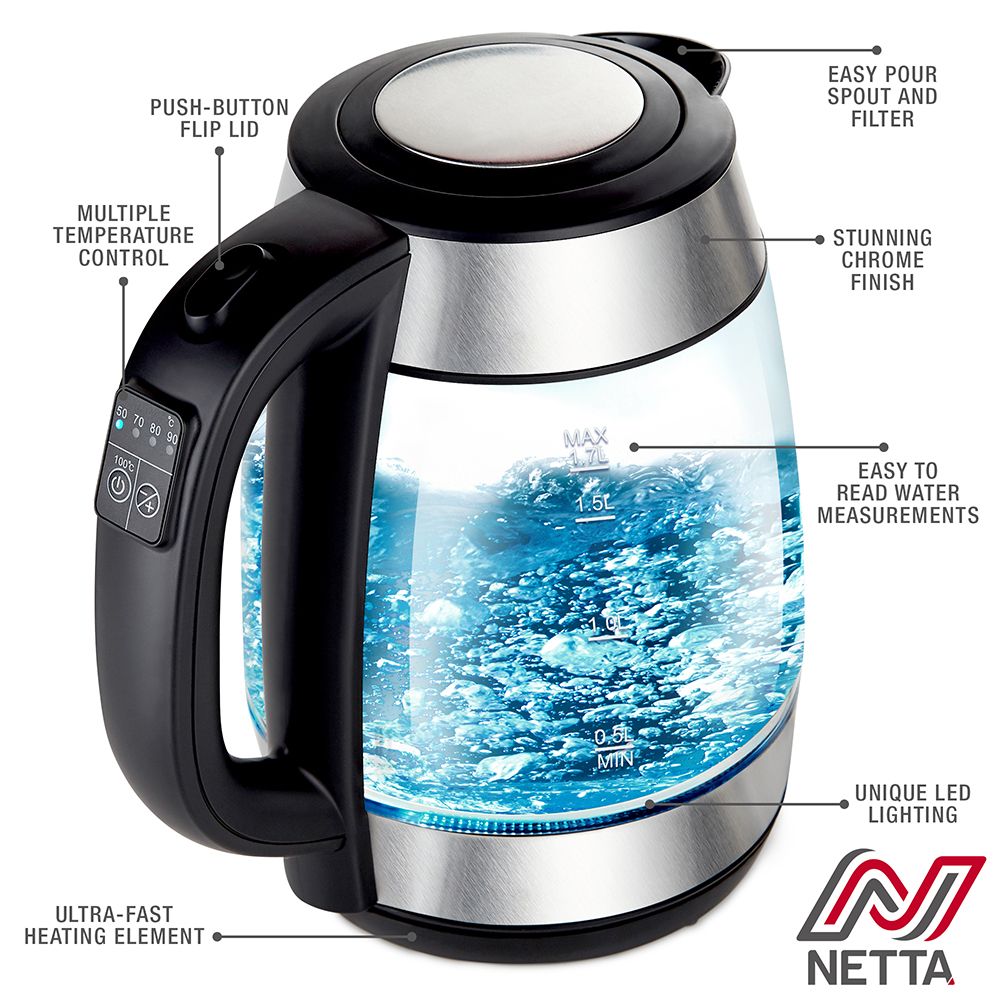 NETTA 1.7L Illuminated Glass Kettle with Temperature Control - 3000W