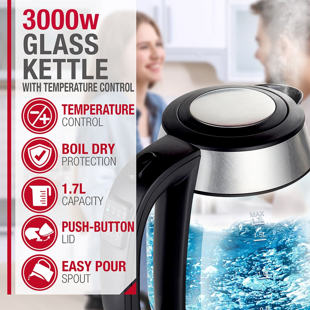 NETTA 1.7L Illuminated Glass Kettle with Temperature Control - 3000W