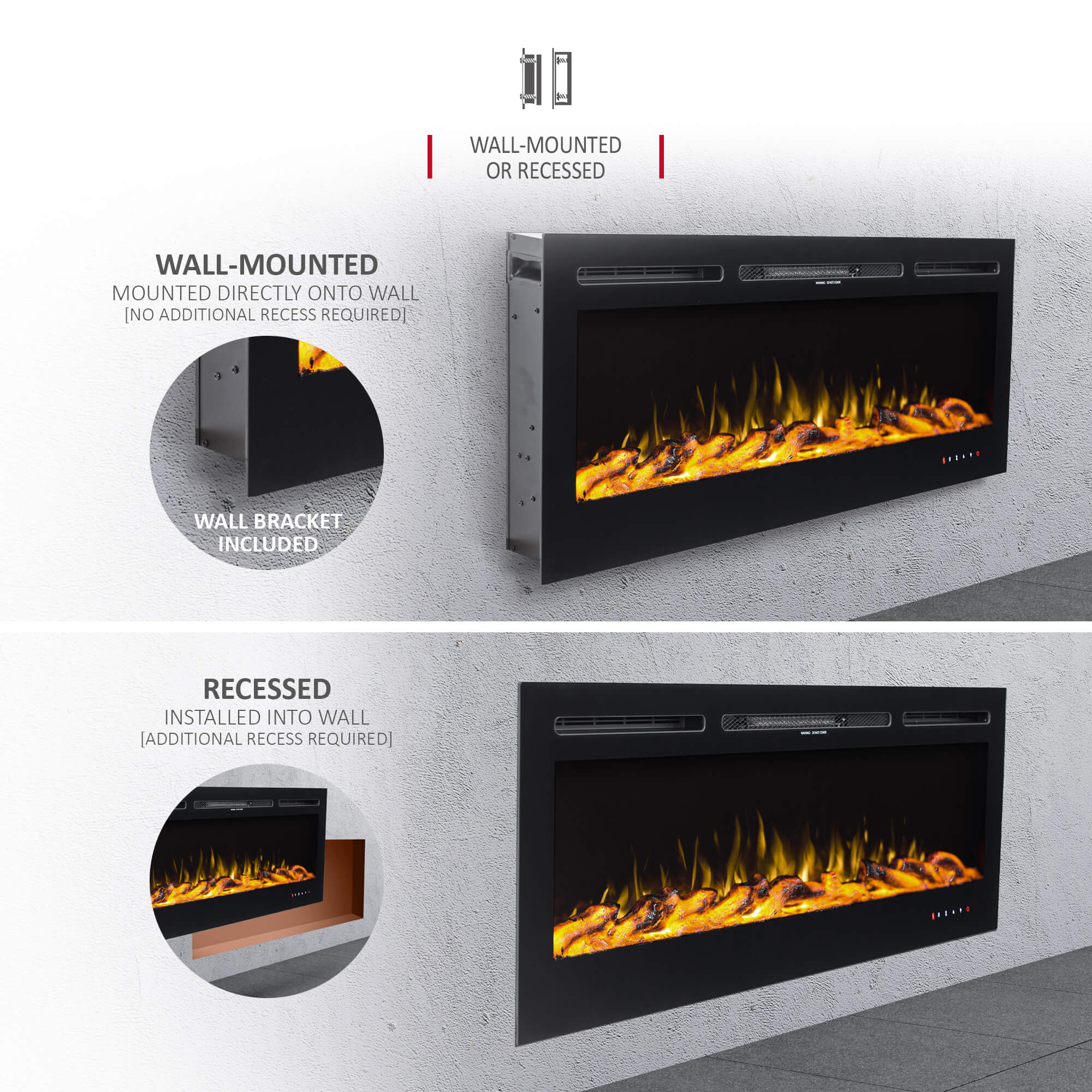 NETTA 40" Glass Panel Electric Fireplace with Colourful Flame effect