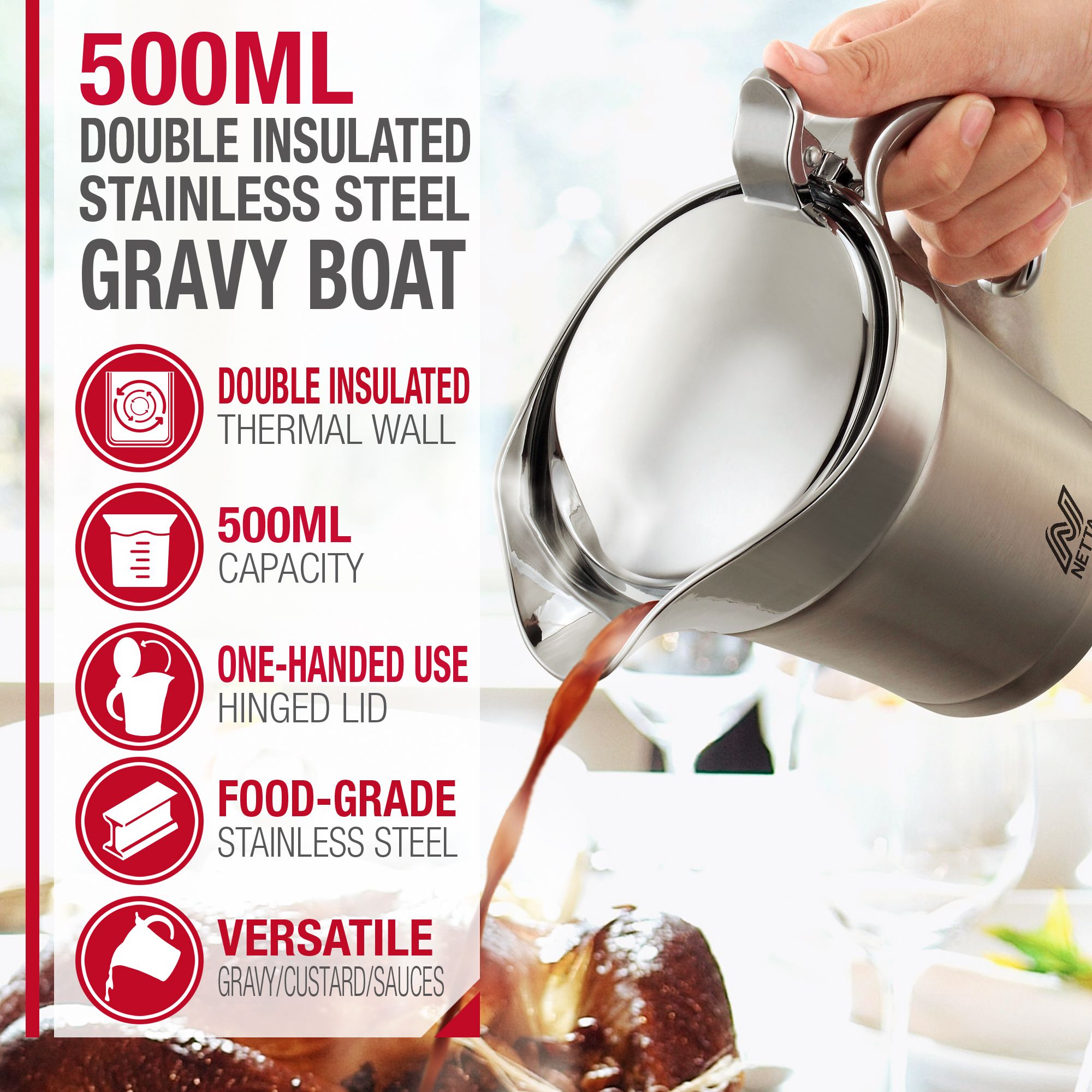 NETTA Insulated Stainless Steel Gravy Boat - 500ml Capacity