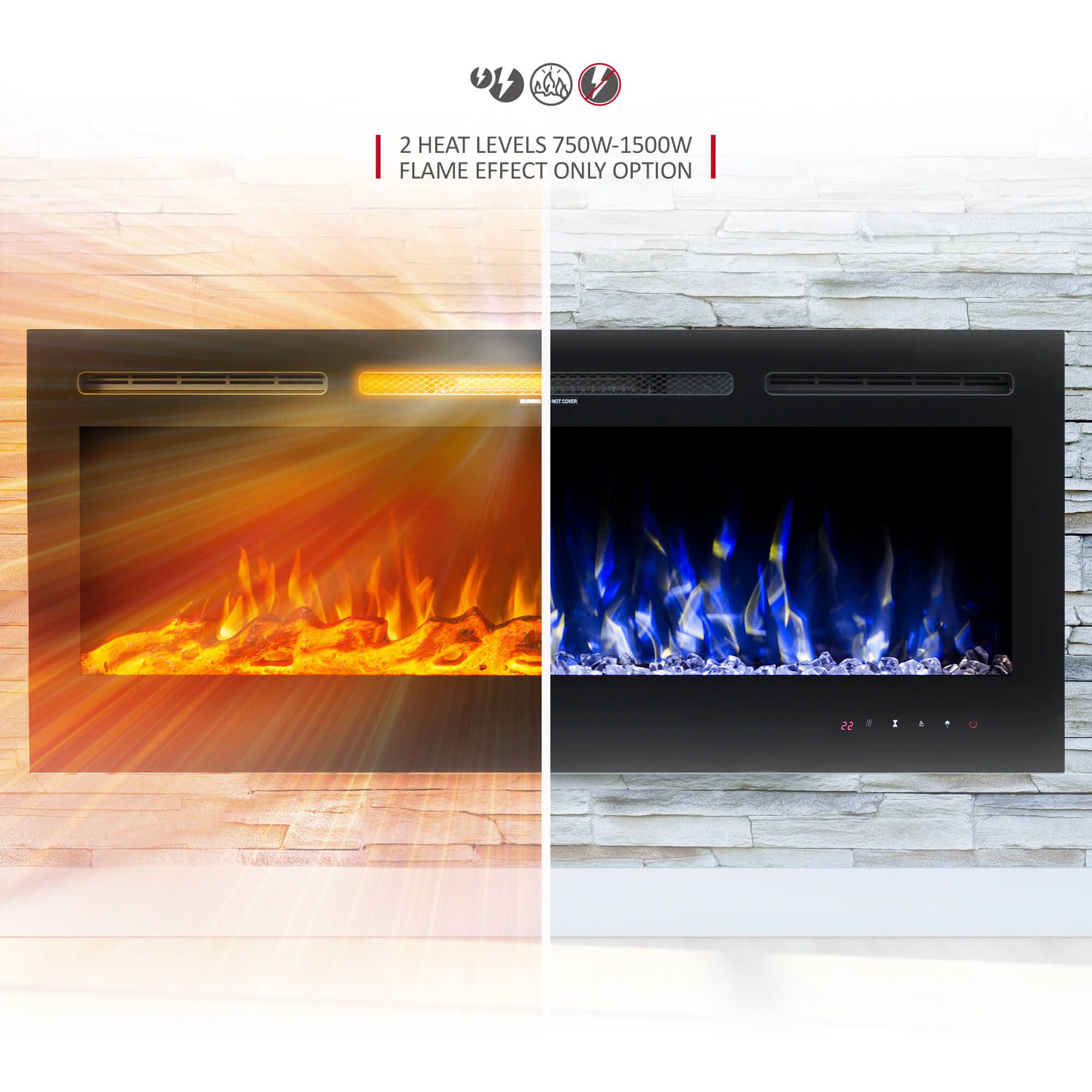 NETTA 50" Glass Panel Electric Fireplace with Colourful Flame effect