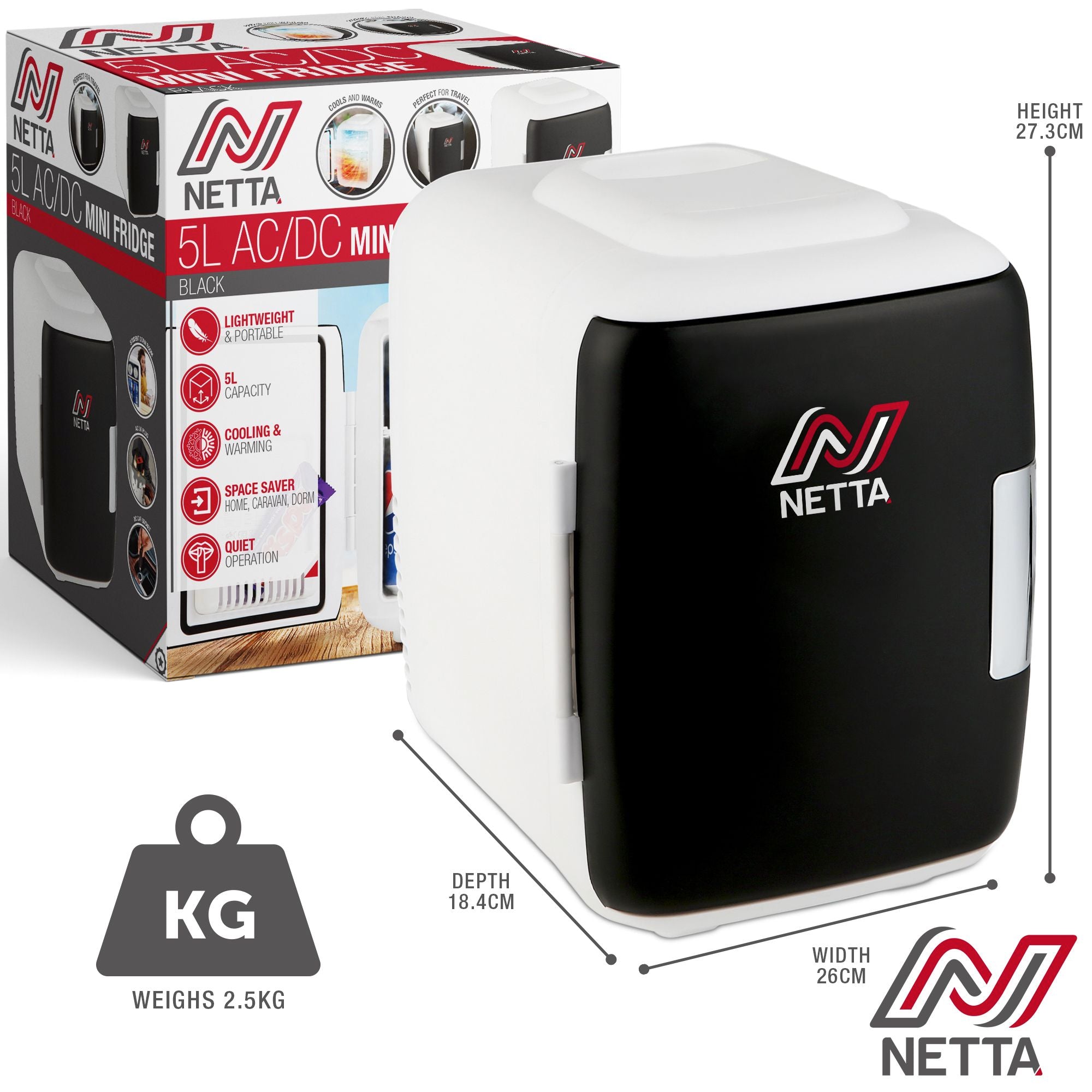 NETTA 5L Mini Fridge with 12V Car Socket and UK Main Plug  - Black & White