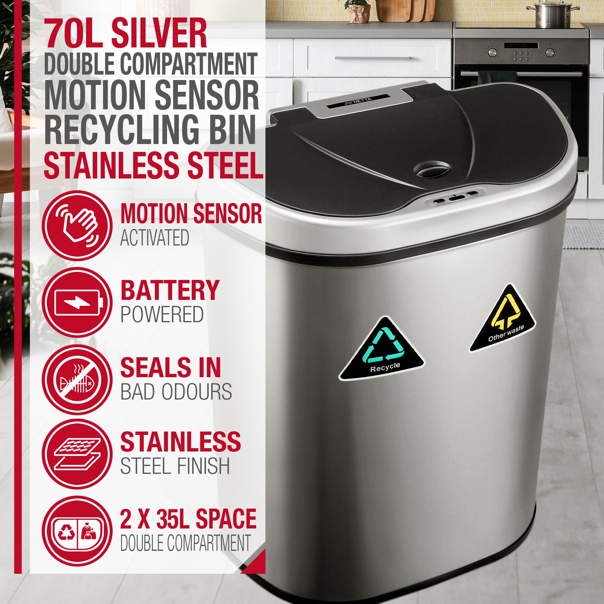 NETTA Sensor Bin with Dual Compartment - Stainless Steel - 70L