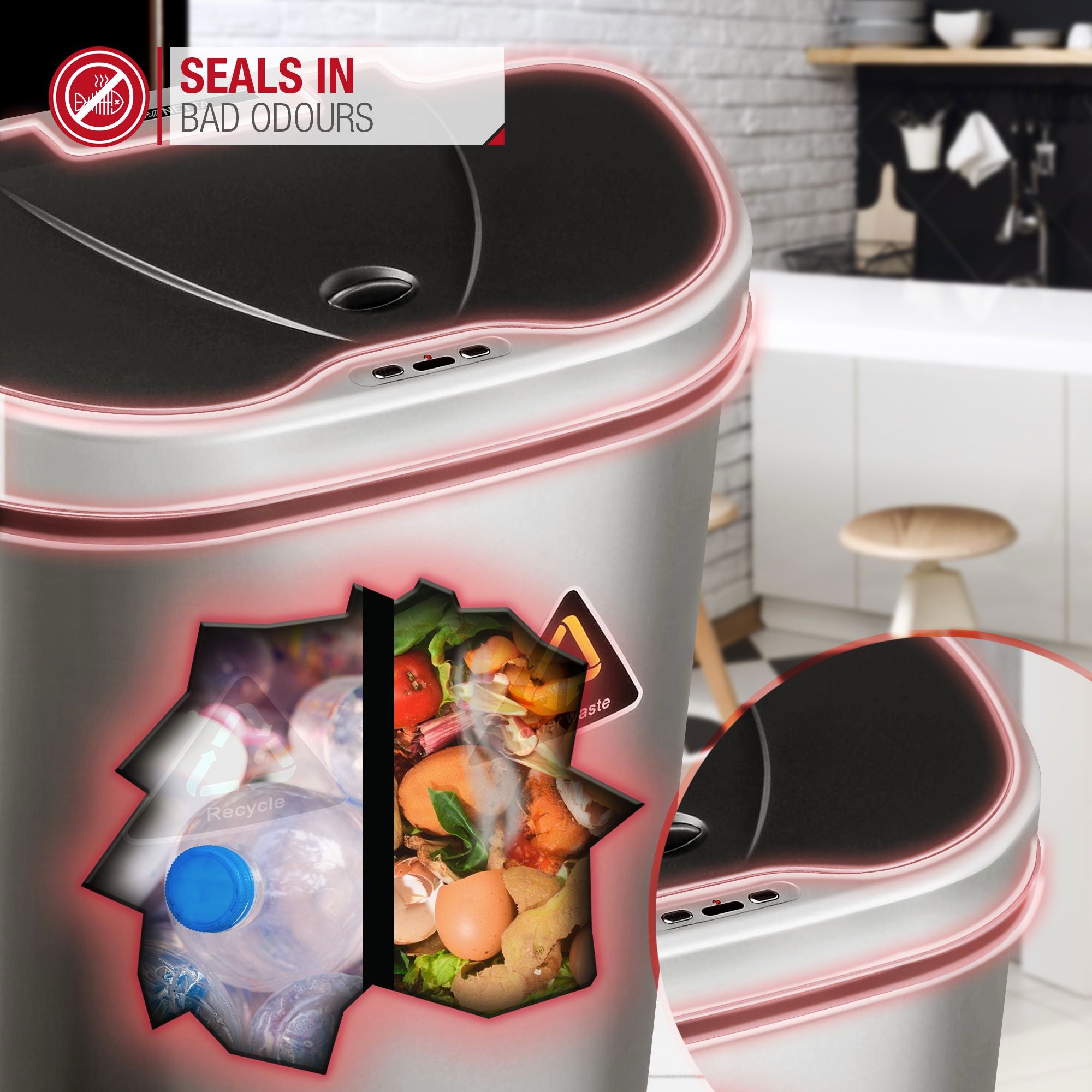 NETTA Sensor Bin with Dual Compartment - Stainless Steel - 70L