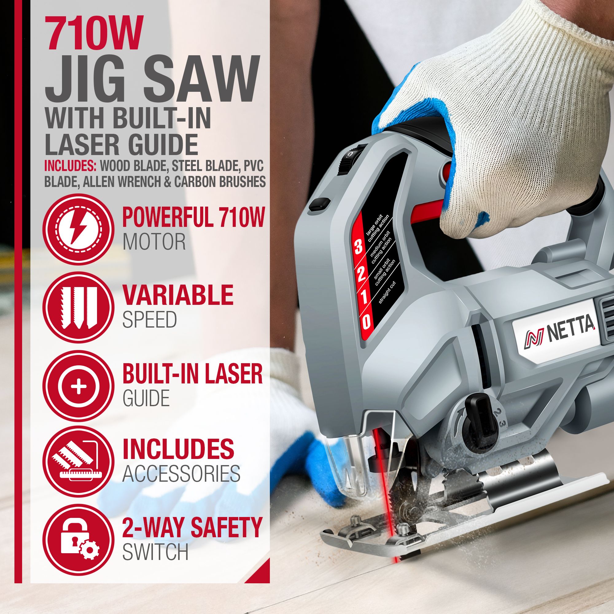 NETTA 710W Jigsaw with Laser Guide and Blades