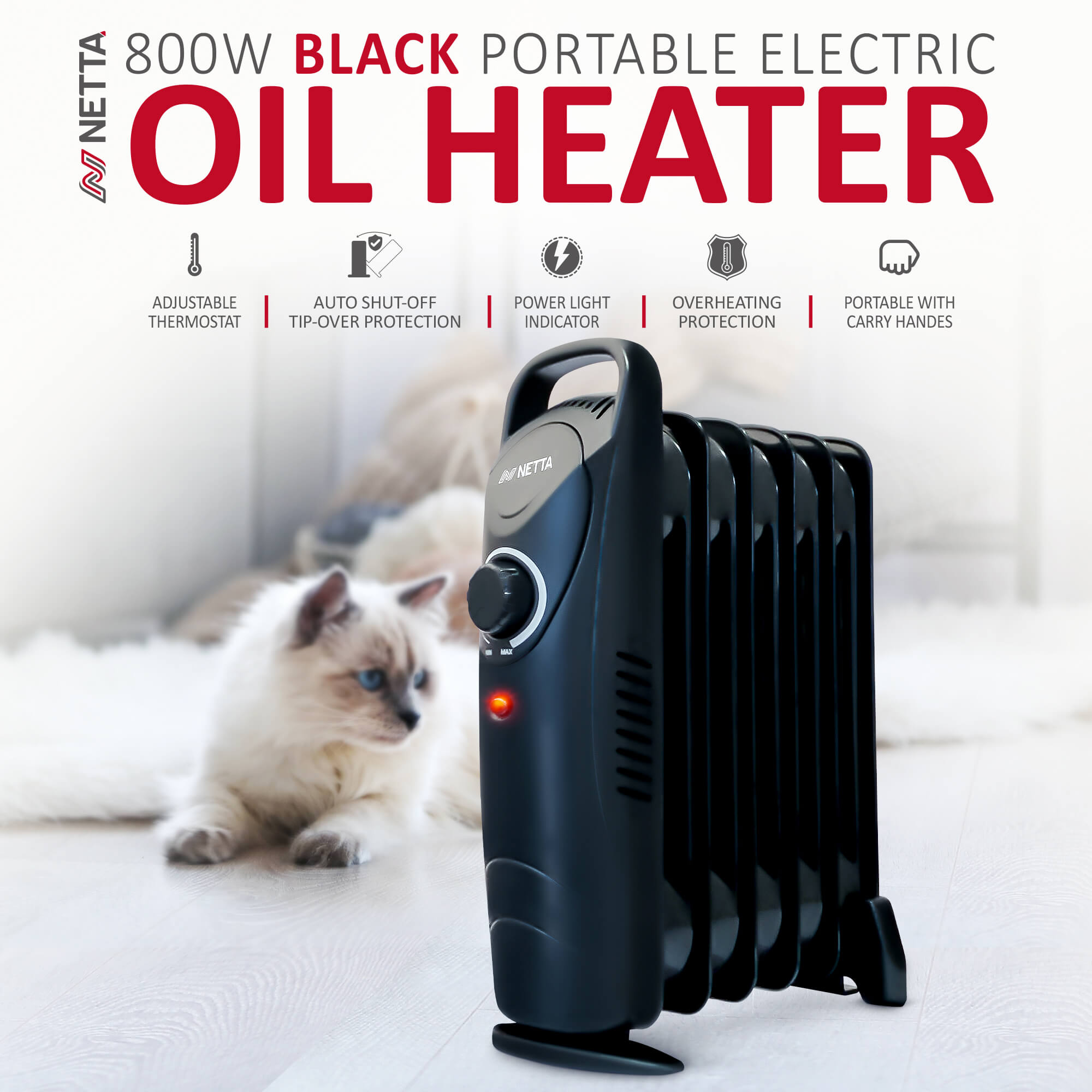 800W 6 Fin Oil Filled Radiator - Black