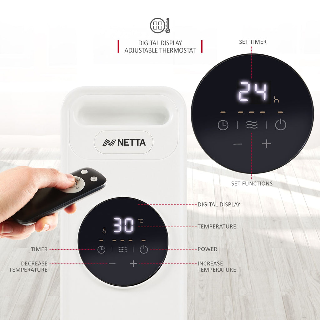 NETTA 2000W 9 Fin Oil Filled Radiator with Timer & Remote Control - Wh