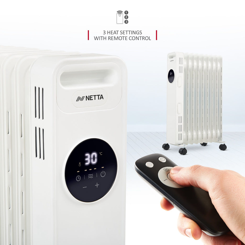 NETTA 2000W 9 Fin Oil Filled Radiator with Timer & Remote Control - Wh
