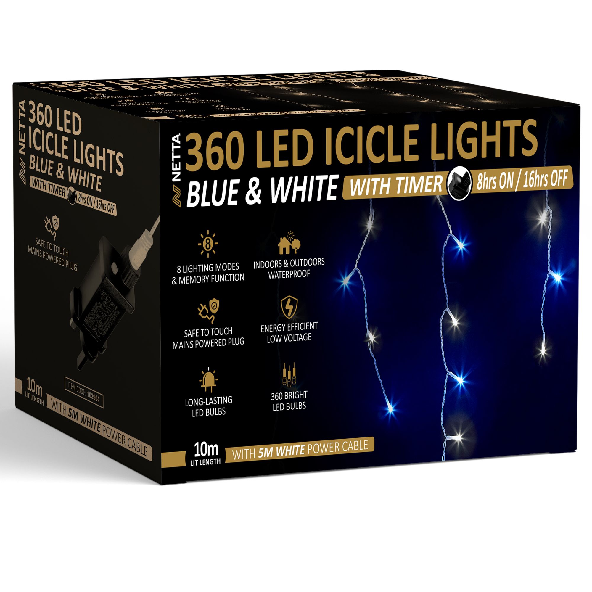 NETTA 360 LED Icicle Lights 10M Outdoor Christmas Lights - Blue & Cool White, with White Cable