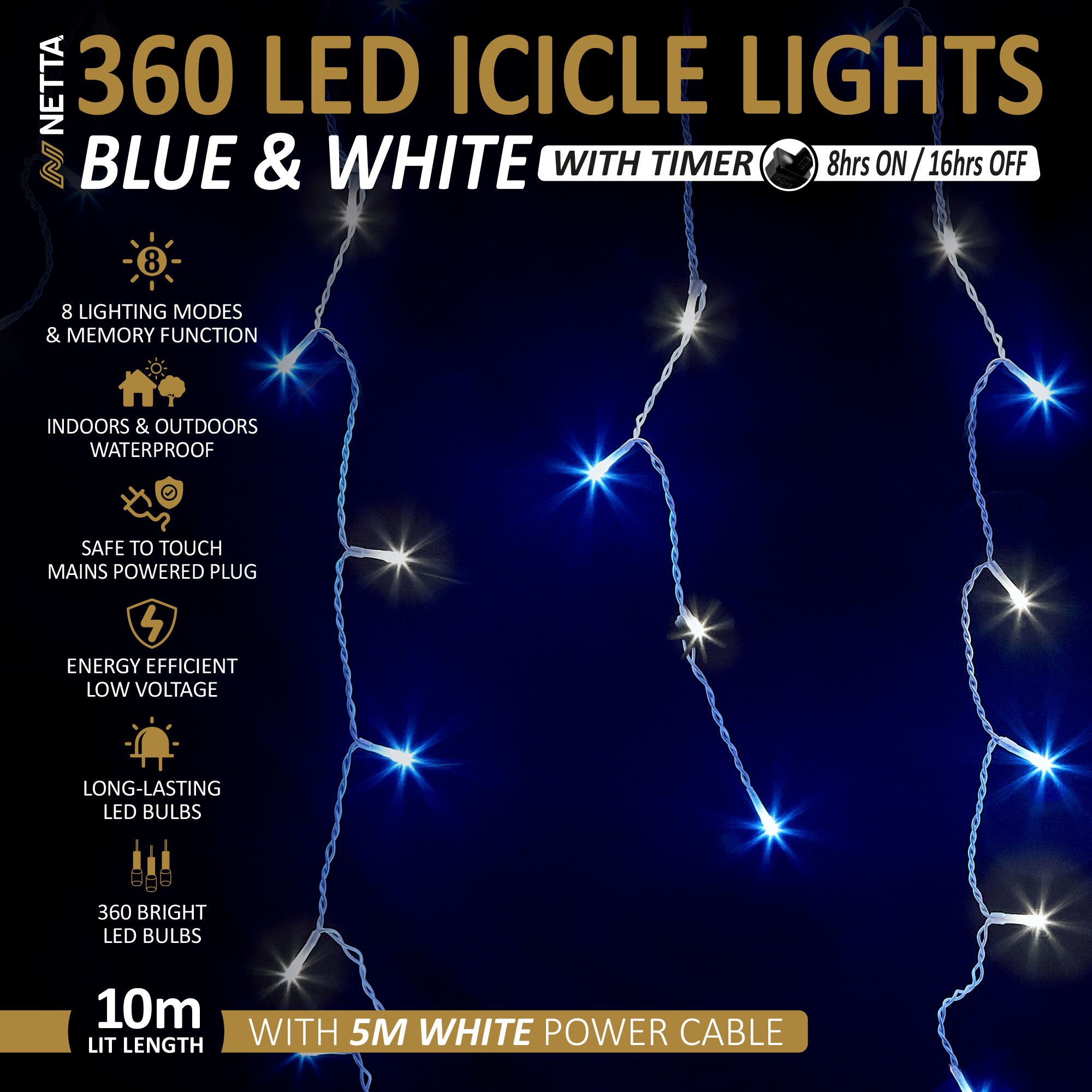 NETTA 360 LED Icicle Lights 10M Outdoor Christmas Lights - Blue & Cool White, with White Cable
