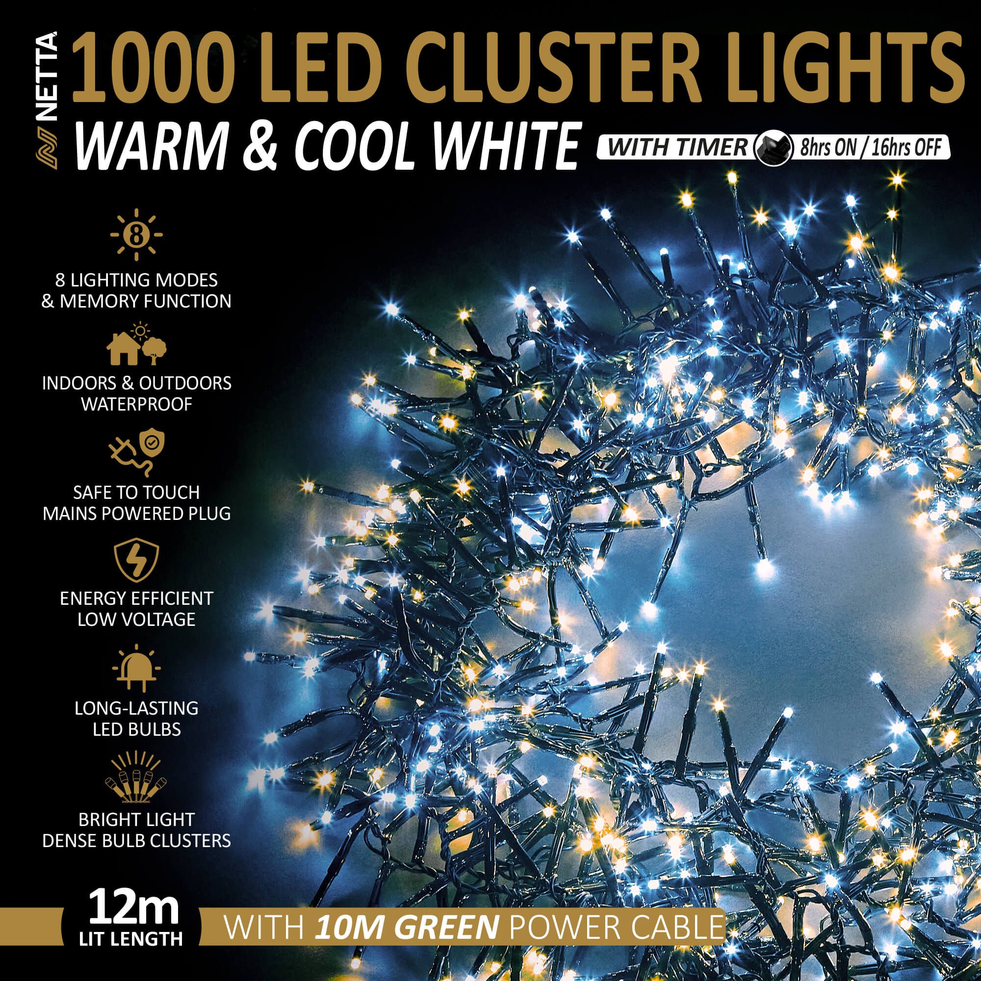 NETTA 1000 LED 12M Cluster String Lights Outdoor and Indoor Plug In - Warm & Cool White