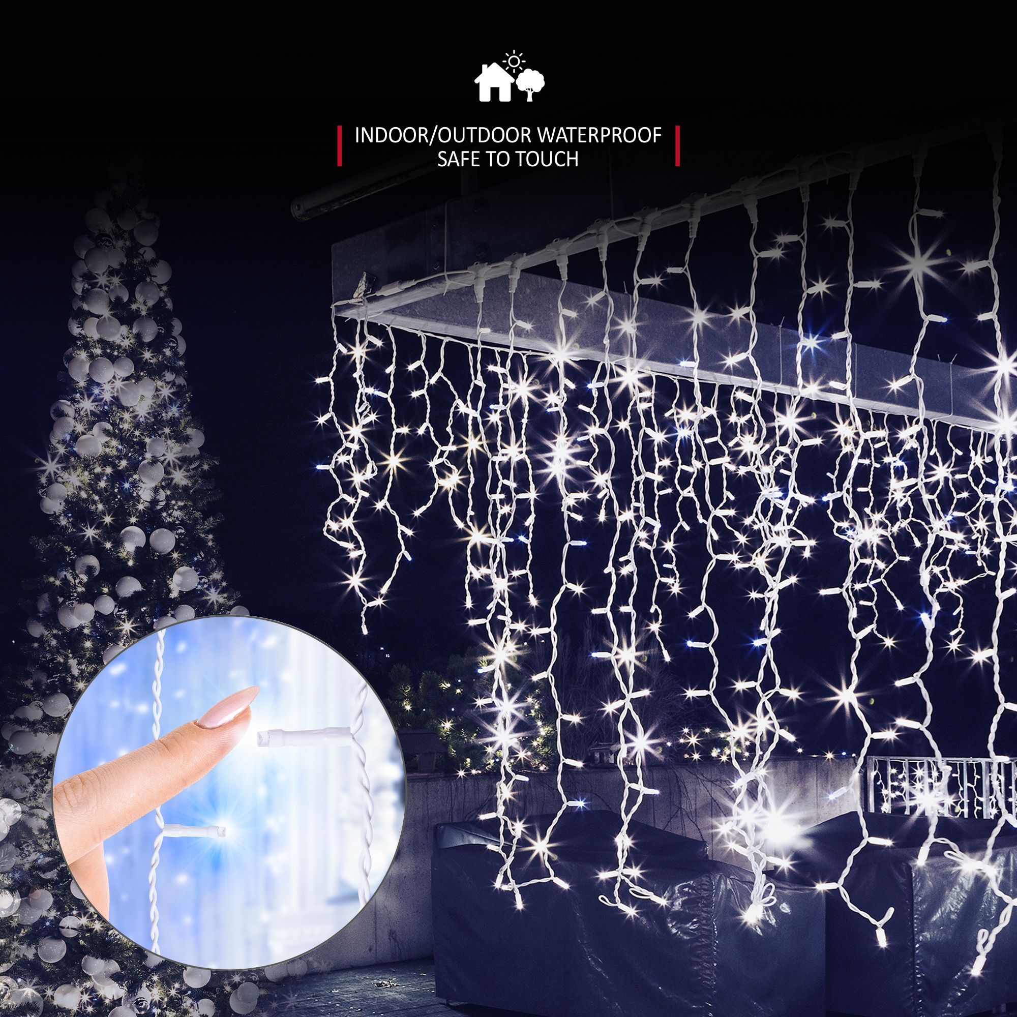 NETTA 360 LED Icicle Lights 10M Outdoor Christmas Lights - Blue & Cool White, with White Cable