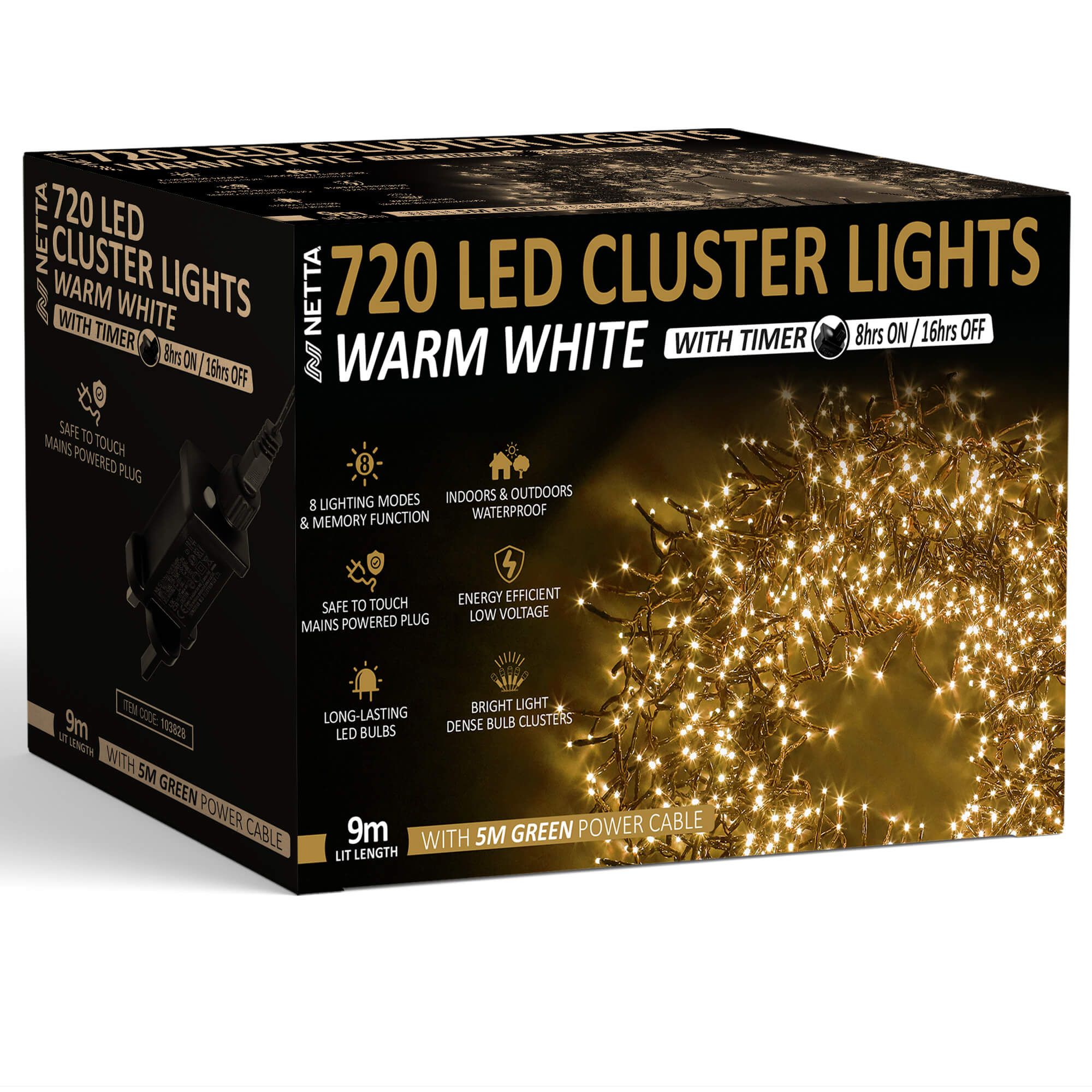 NETTA 720 LED 9M Cluster String Lights Outdoor and Indoor Plug In - Warm White