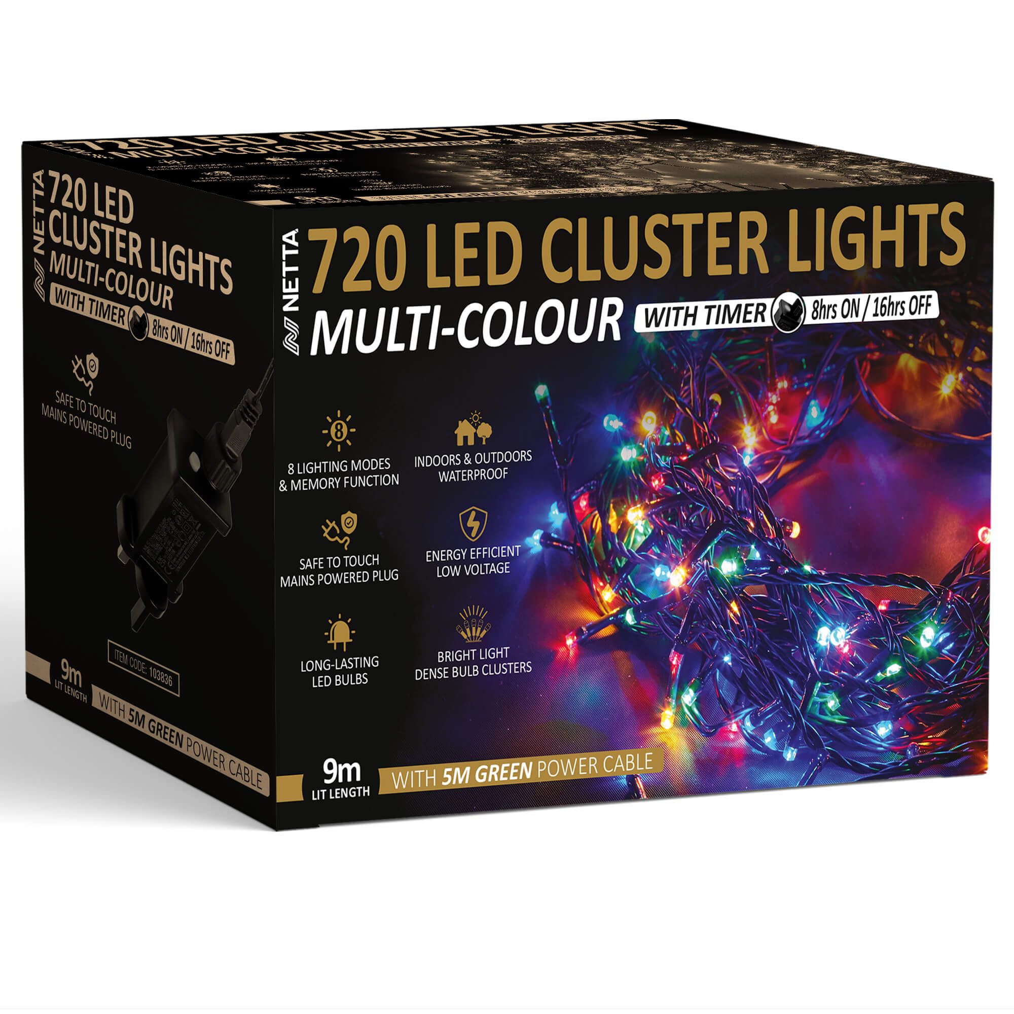 NETTA 720 LED 9M Cluster String Lights Outdoor and Indoor Plug In - Multi Colour