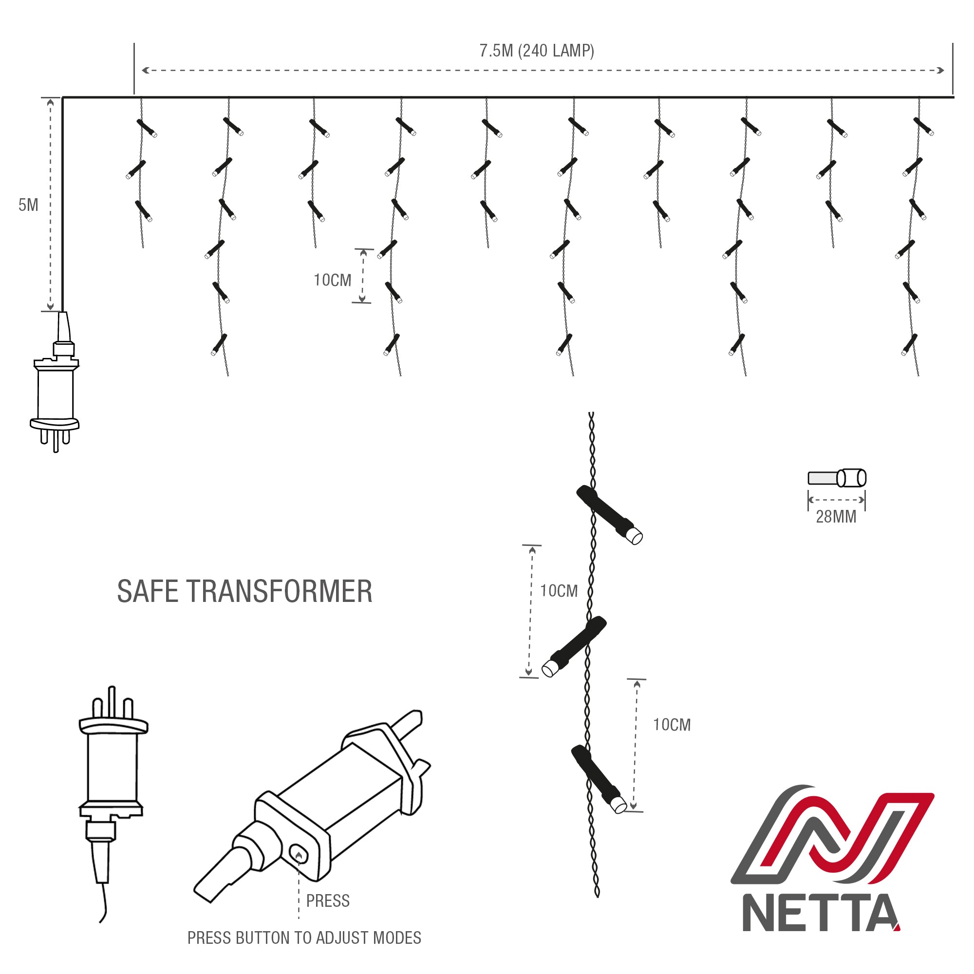 NETTA 240 LED Icicle Lights 7.5M Outdoor Christmas Lights - Warm White, with White Cable