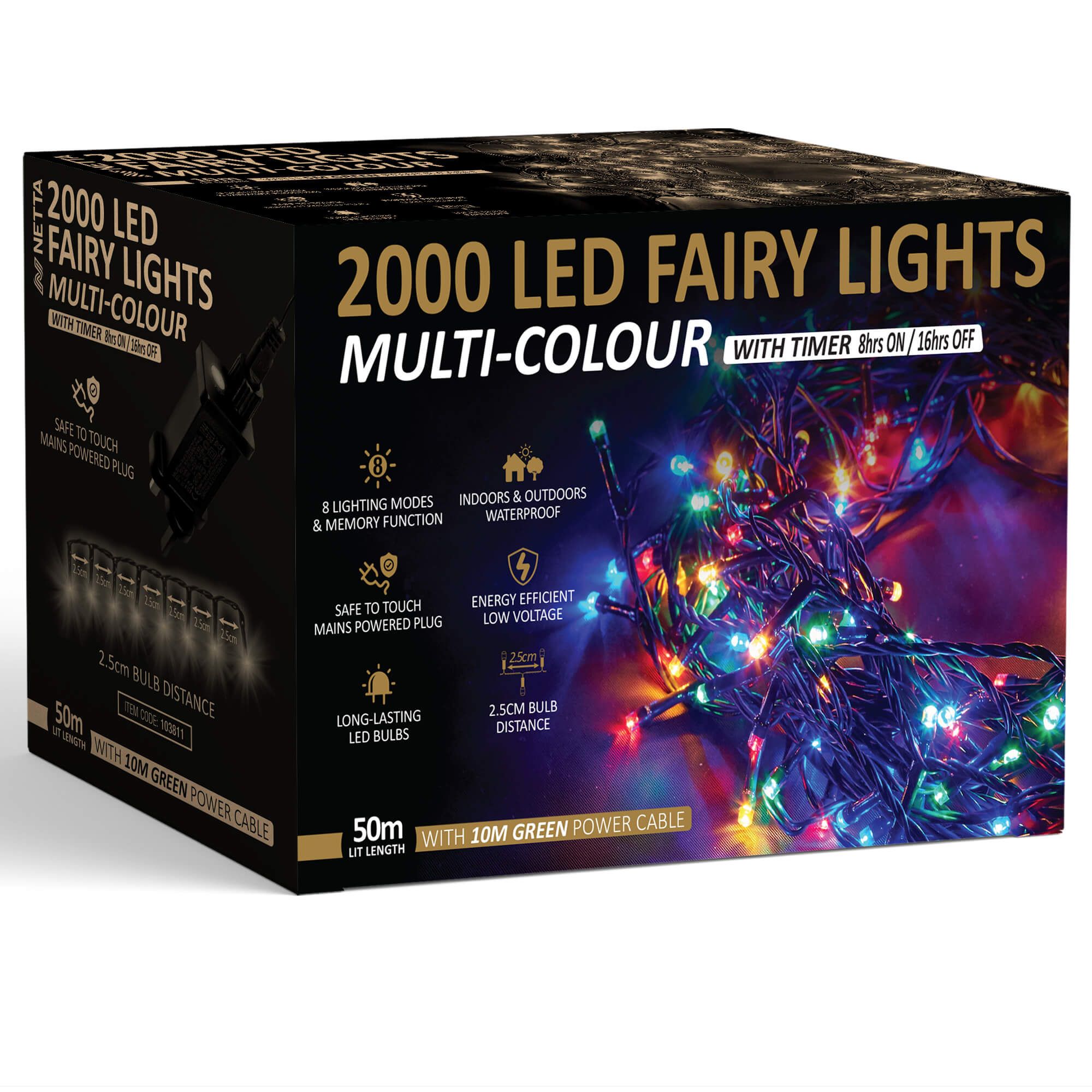 NETTA 2000 LED Fairy String Lights 50M Indoor & Outdoor Christmas Tree Lights Green Cable - Multi Colour