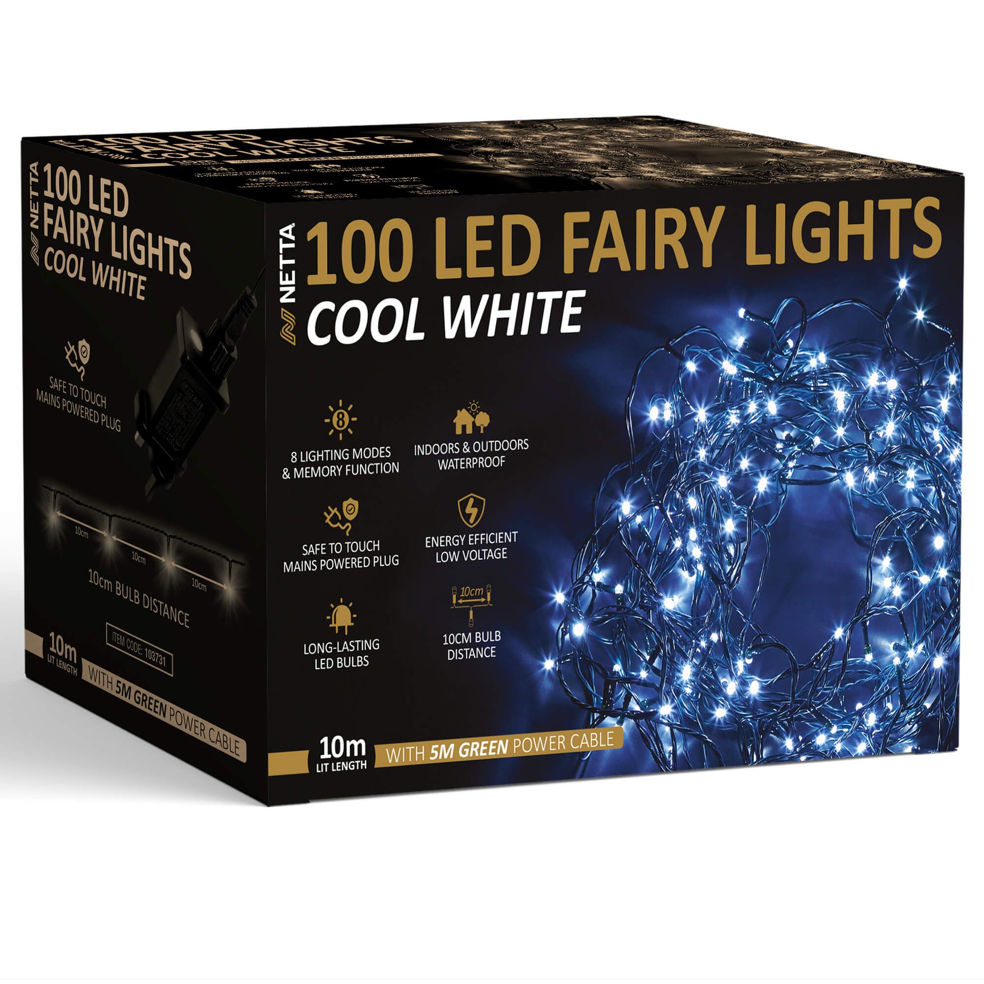 NETTA 100 LED 10M Fairy String Lights Outdoor and Indoor Plug In - Cool White