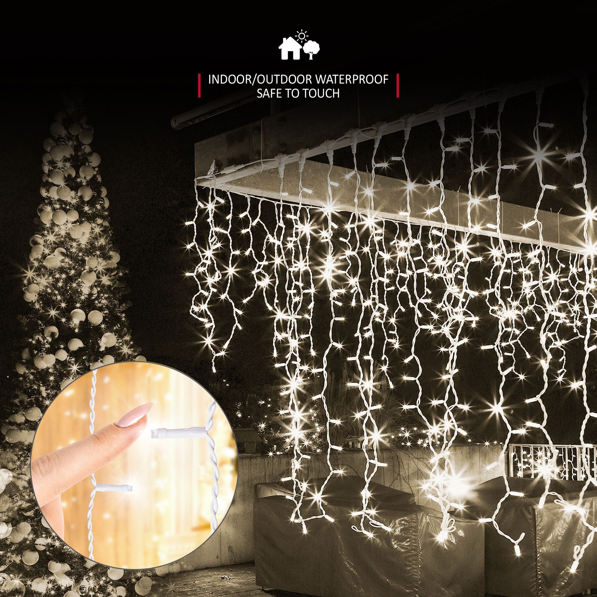NETTA 360 LED Icicle Lights Outdoor Christmas Lights 10M Lit Length, Timer - Warm White, with White Cable