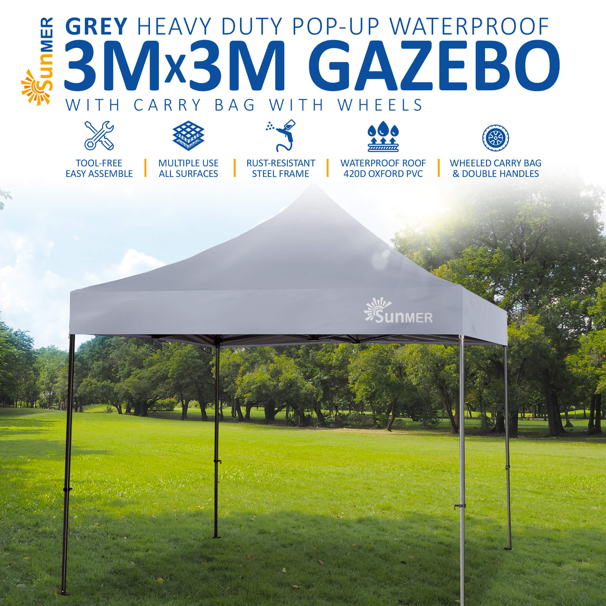 SUNMER 3Mx3M Steel Framed Gazebo - Grey