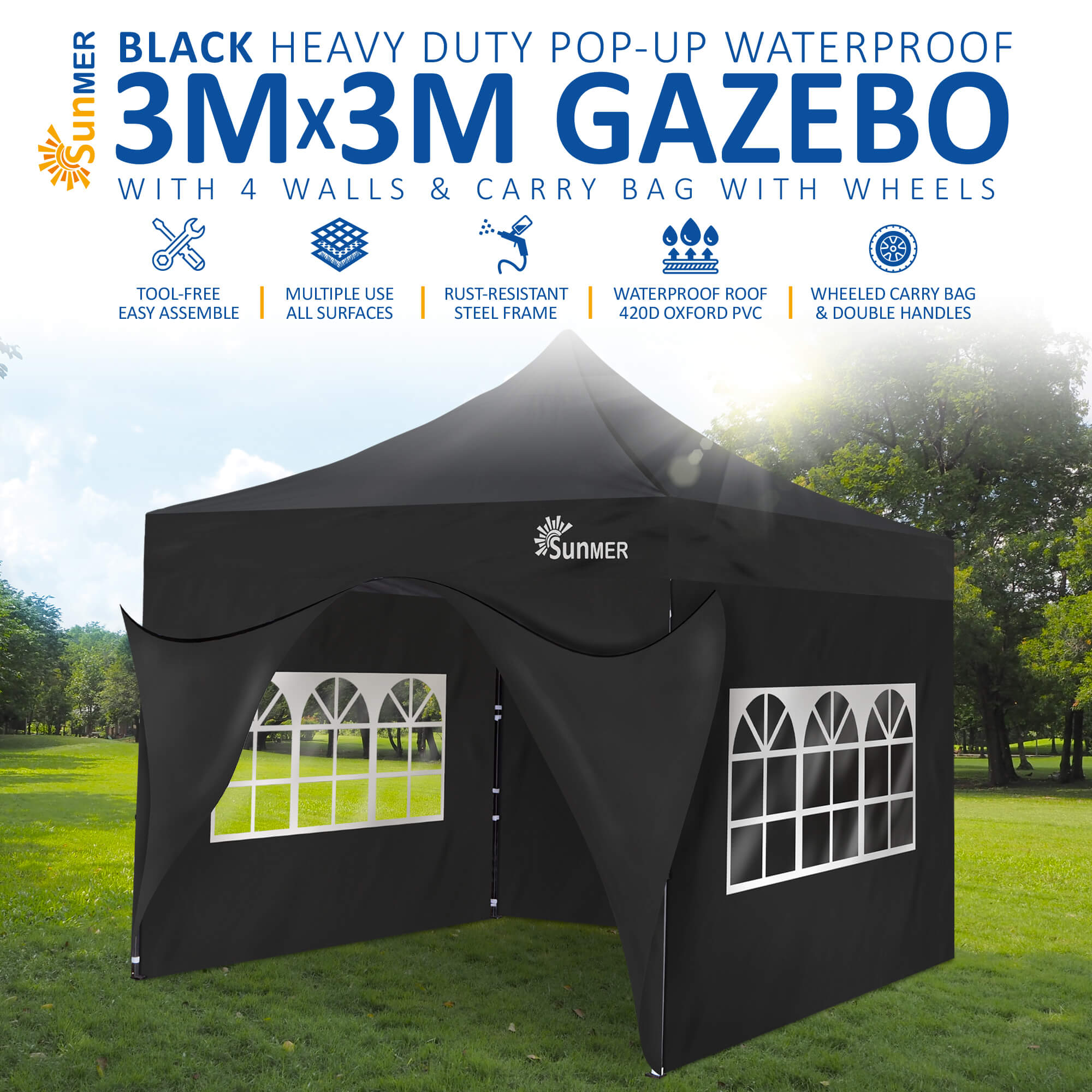 SUNMER 3Mx3M Steel Framed Gazebo with Walls - Black