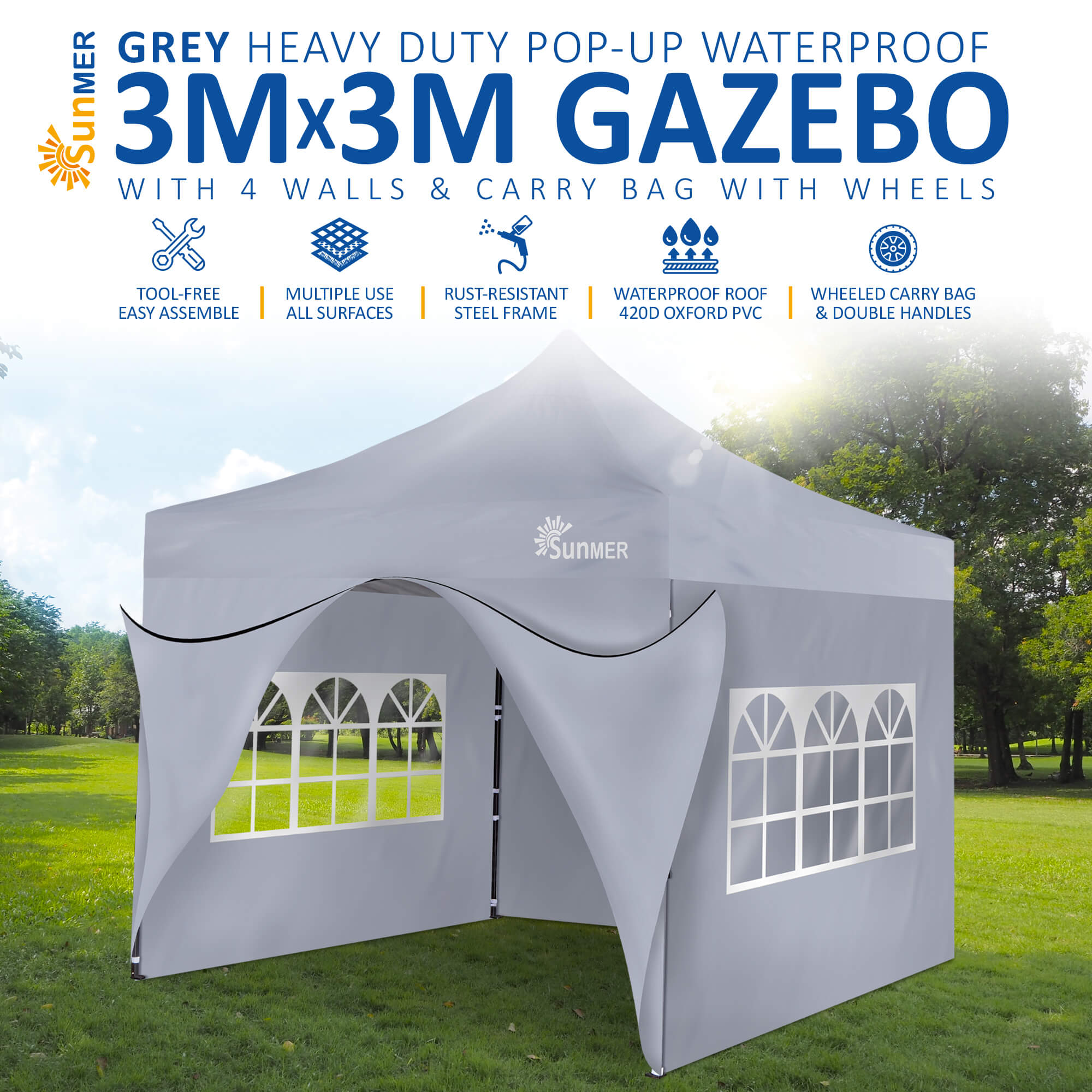 SUNMER 3Mx3M Steel Framed Gazebo with Walls - Grey