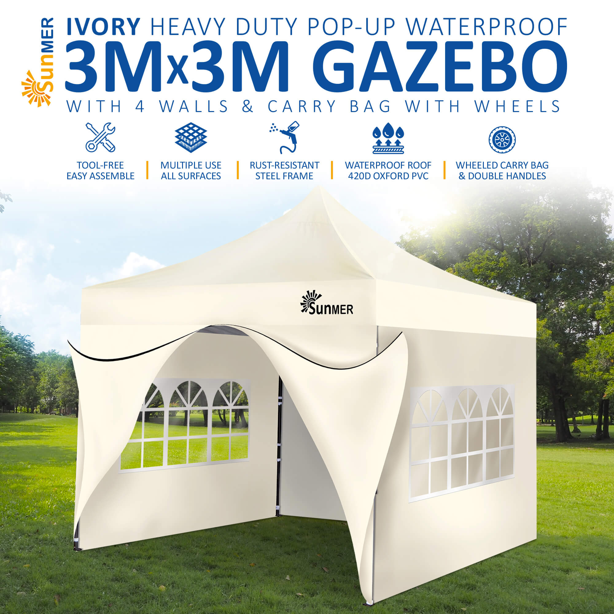 SUNMER 3Mx3M Steel Framed Gazebo with Walls - Ivory